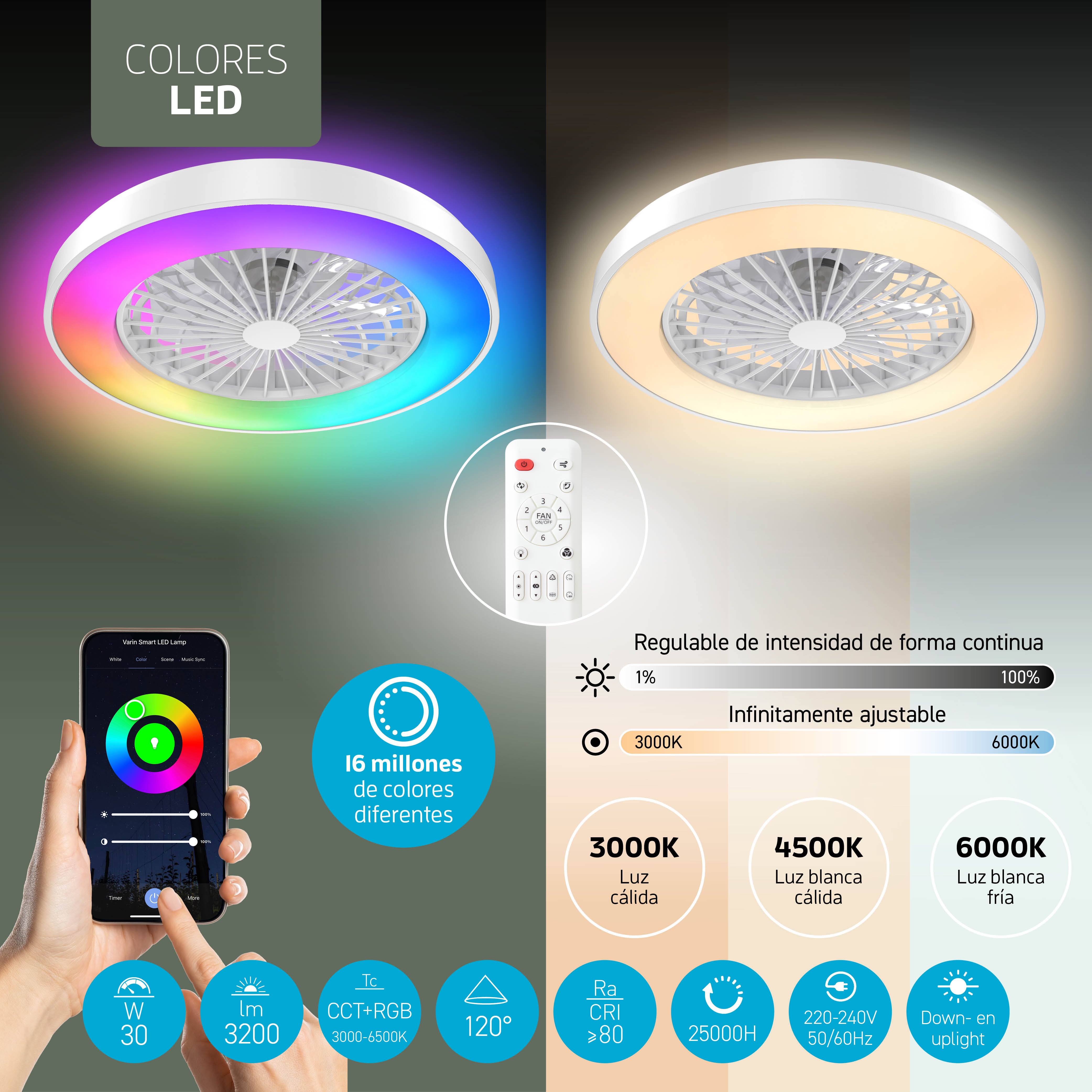 Lámpara LED inteligente Varin con ventilador RGBW (CCT) - 50 cm - Tuya - Blanco [VA-E001]
