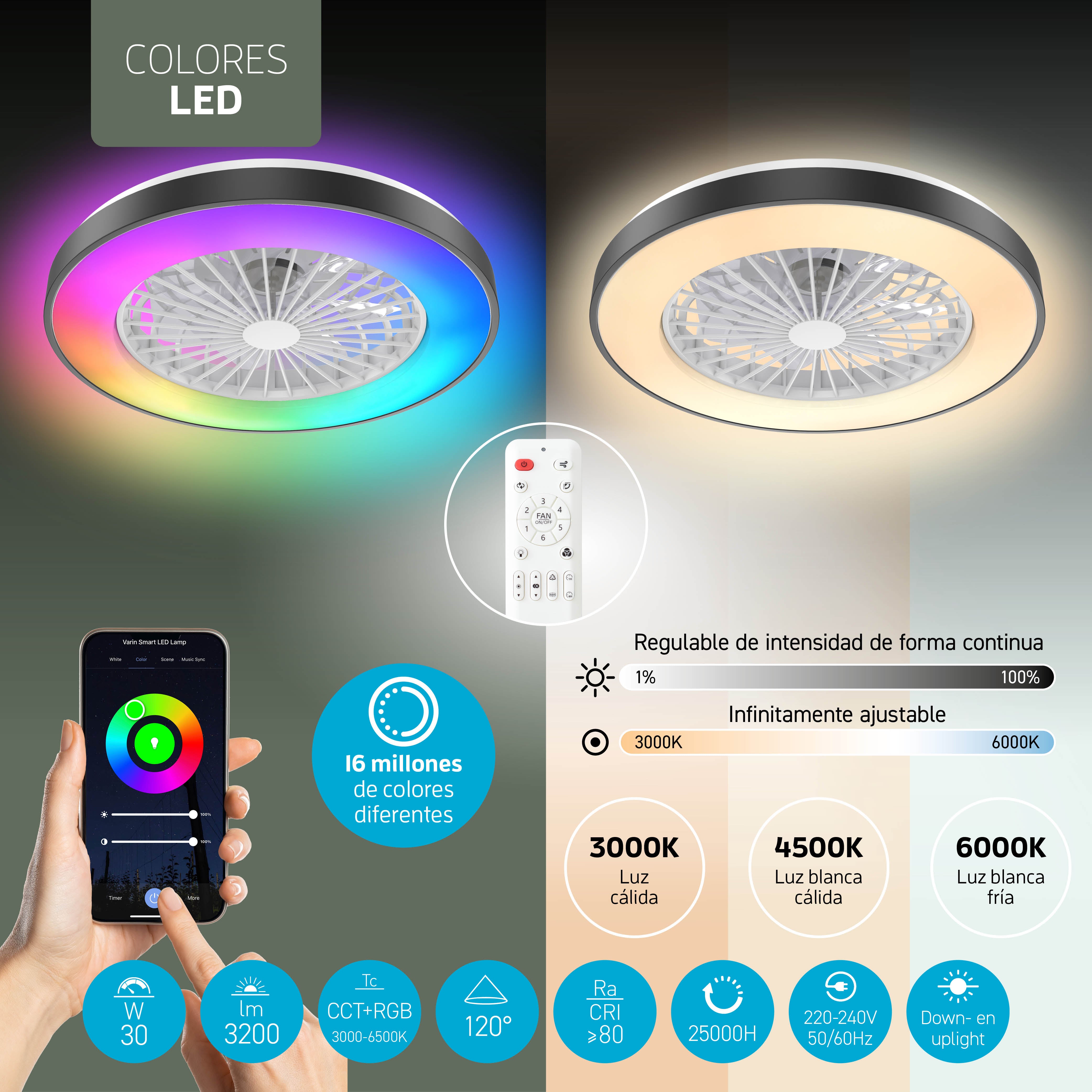 Lámpara LED inteligente Varin con ventilador RGBW (CCT) - 50 cm - Tuya - Negro/Blanco [VA-E001]