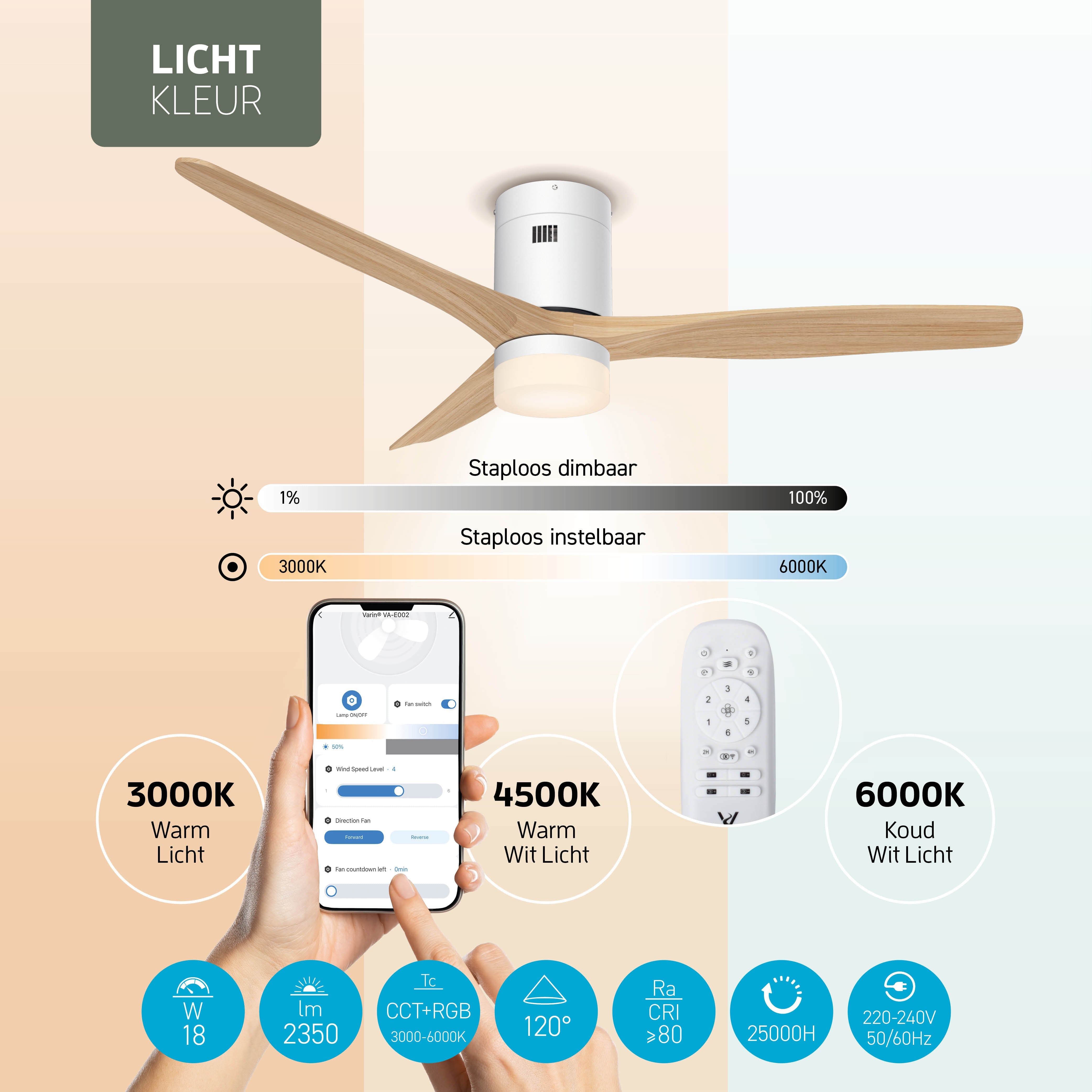 Ventilador de techo inteligente Blanco/Natural con iluminación - 132 cm - WiFi