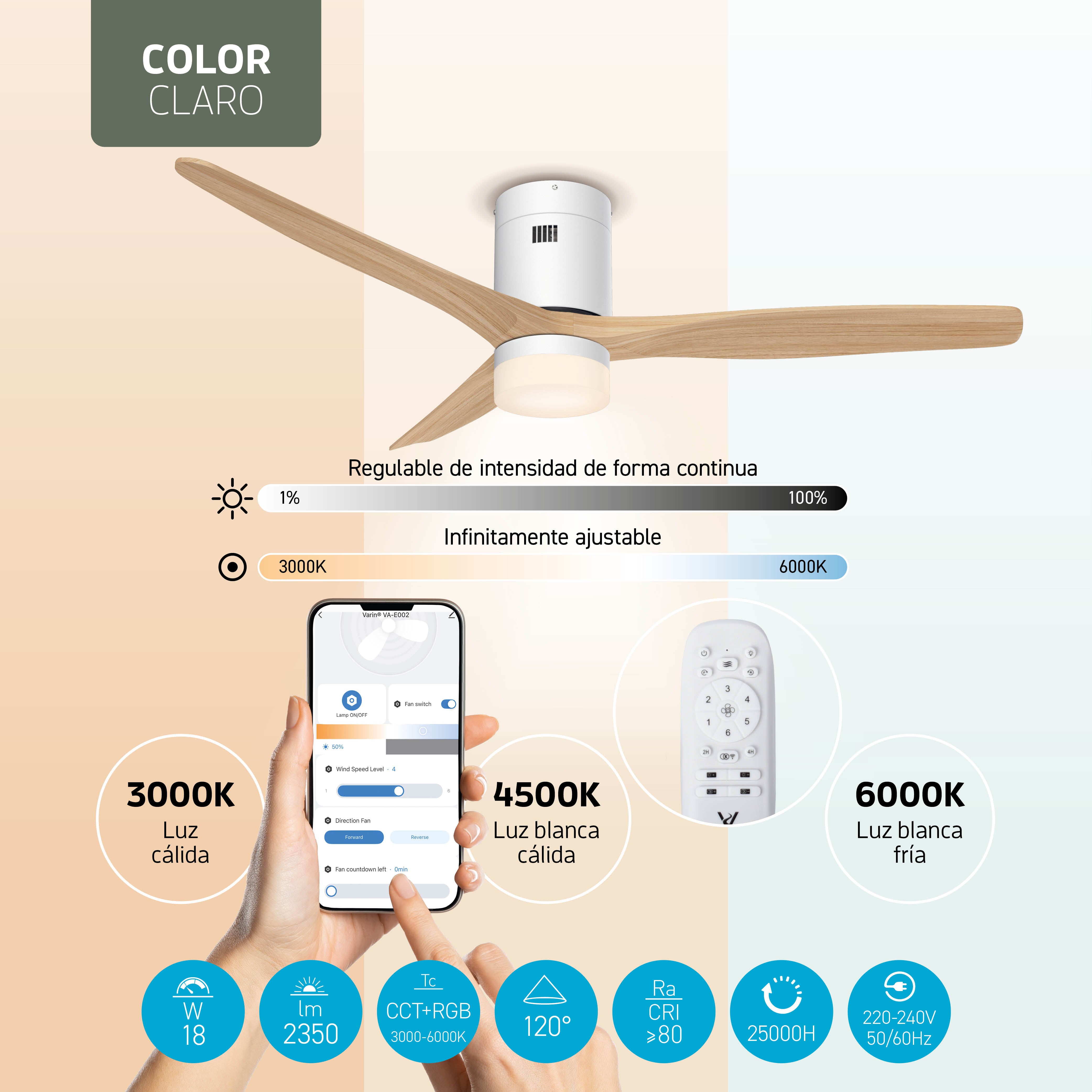 Ventilador de techo inteligente Blanco con iluminación - 132 cm - WiFi