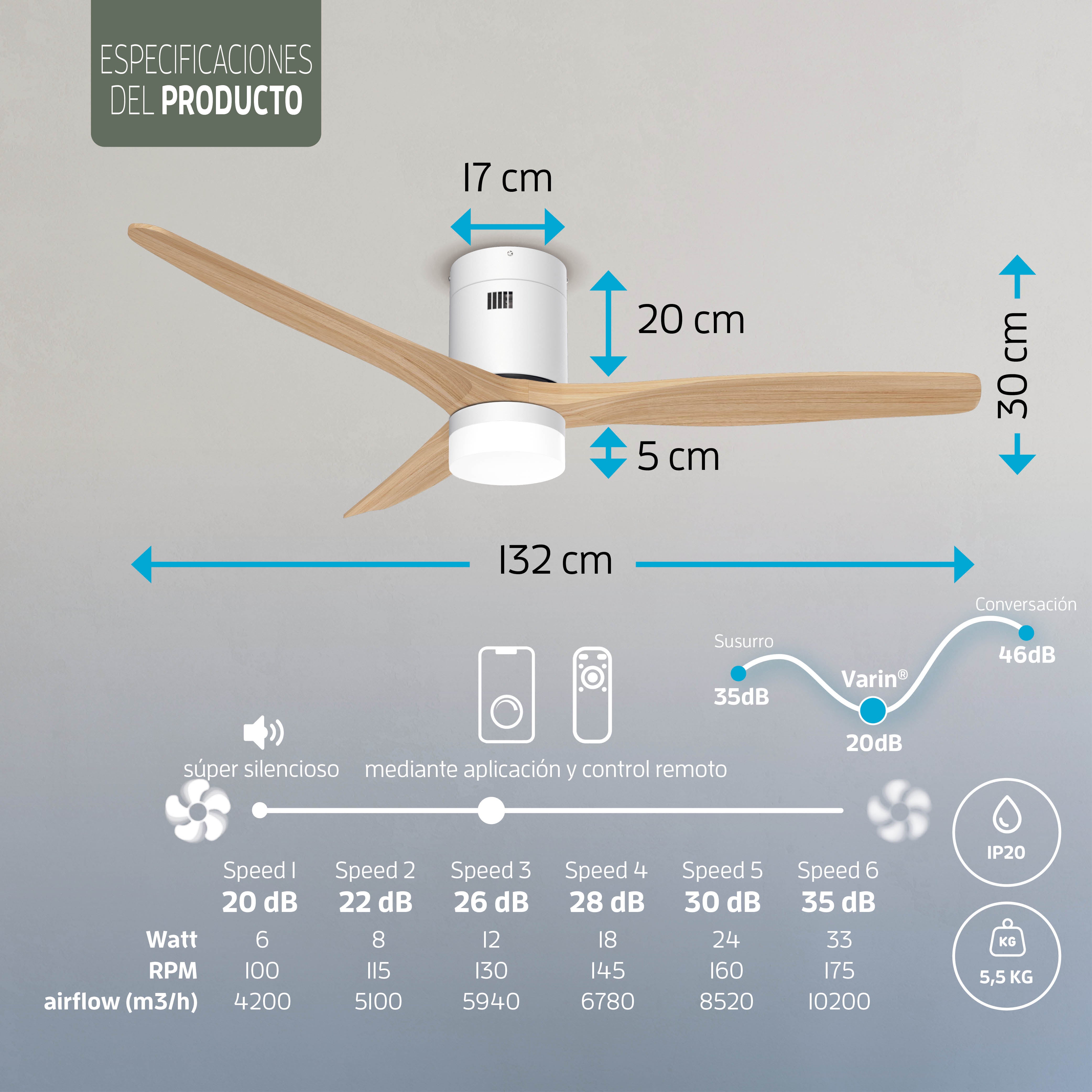 Ventilador de techo inteligente Blanco con iluminación - 132 cm - WiFi
