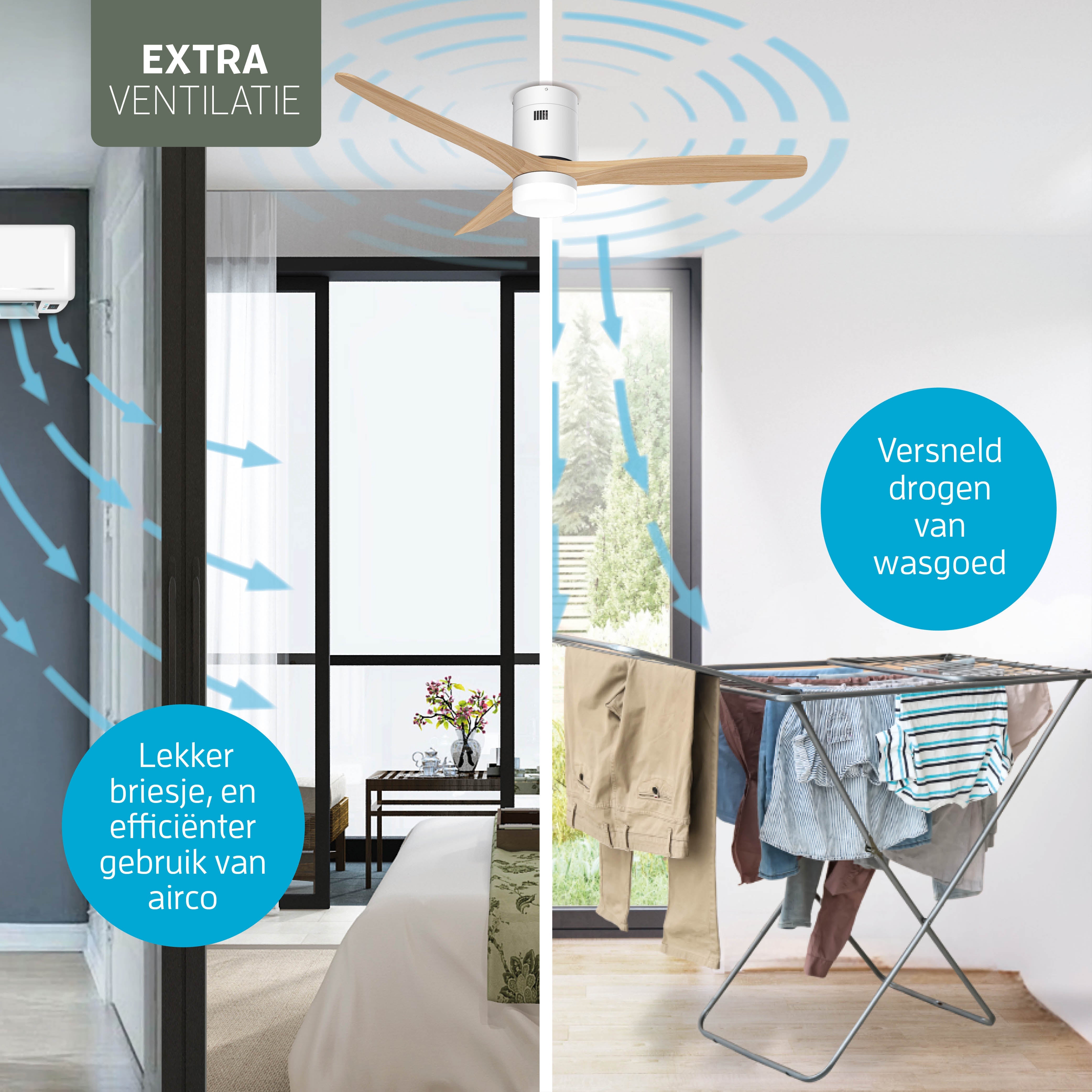 Ventilador de techo inteligente Blanco/Natural con iluminación - 132 cm - WiFi