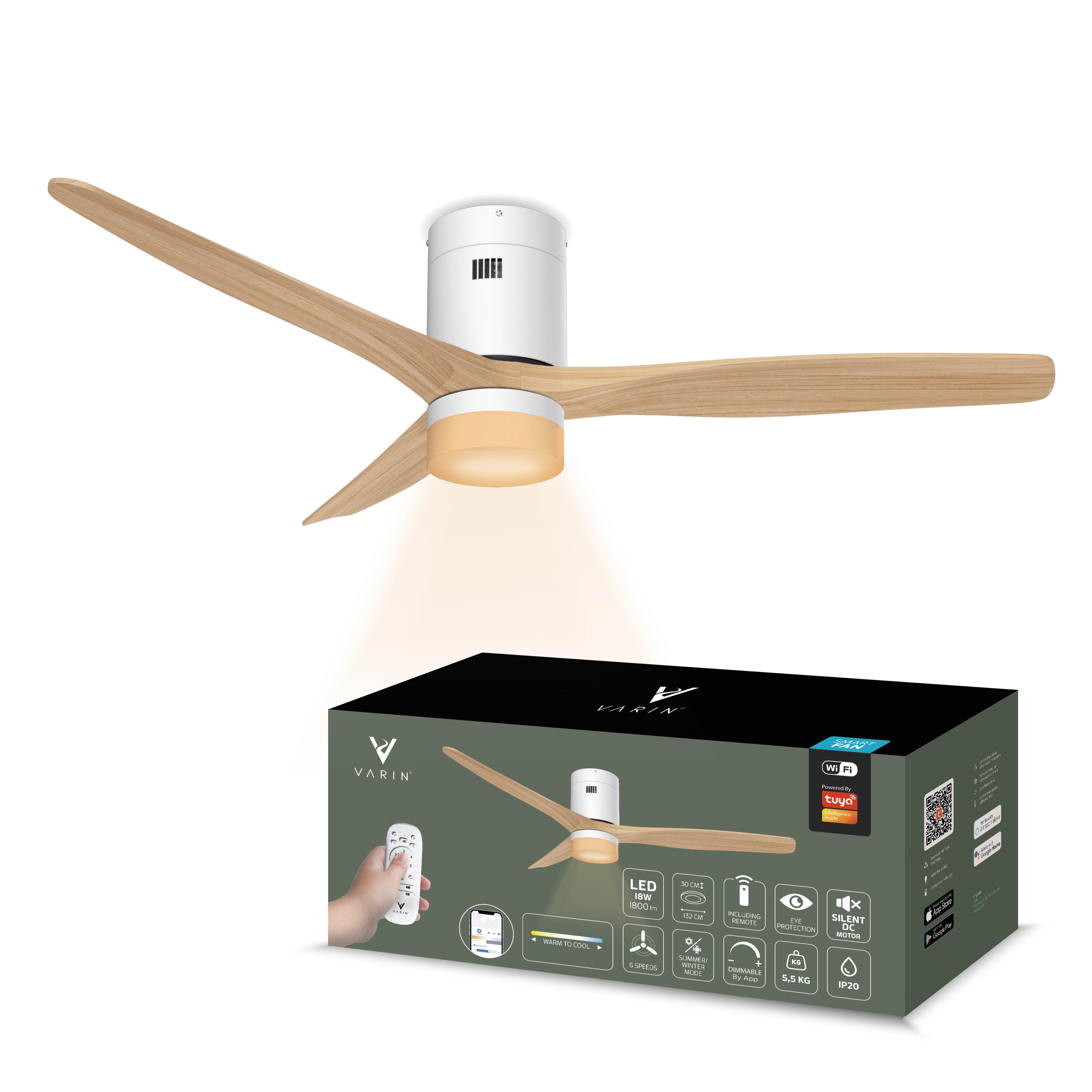 Ventilador de techo inteligente Blanco/Natural con iluminación - 132 cm - WiFi