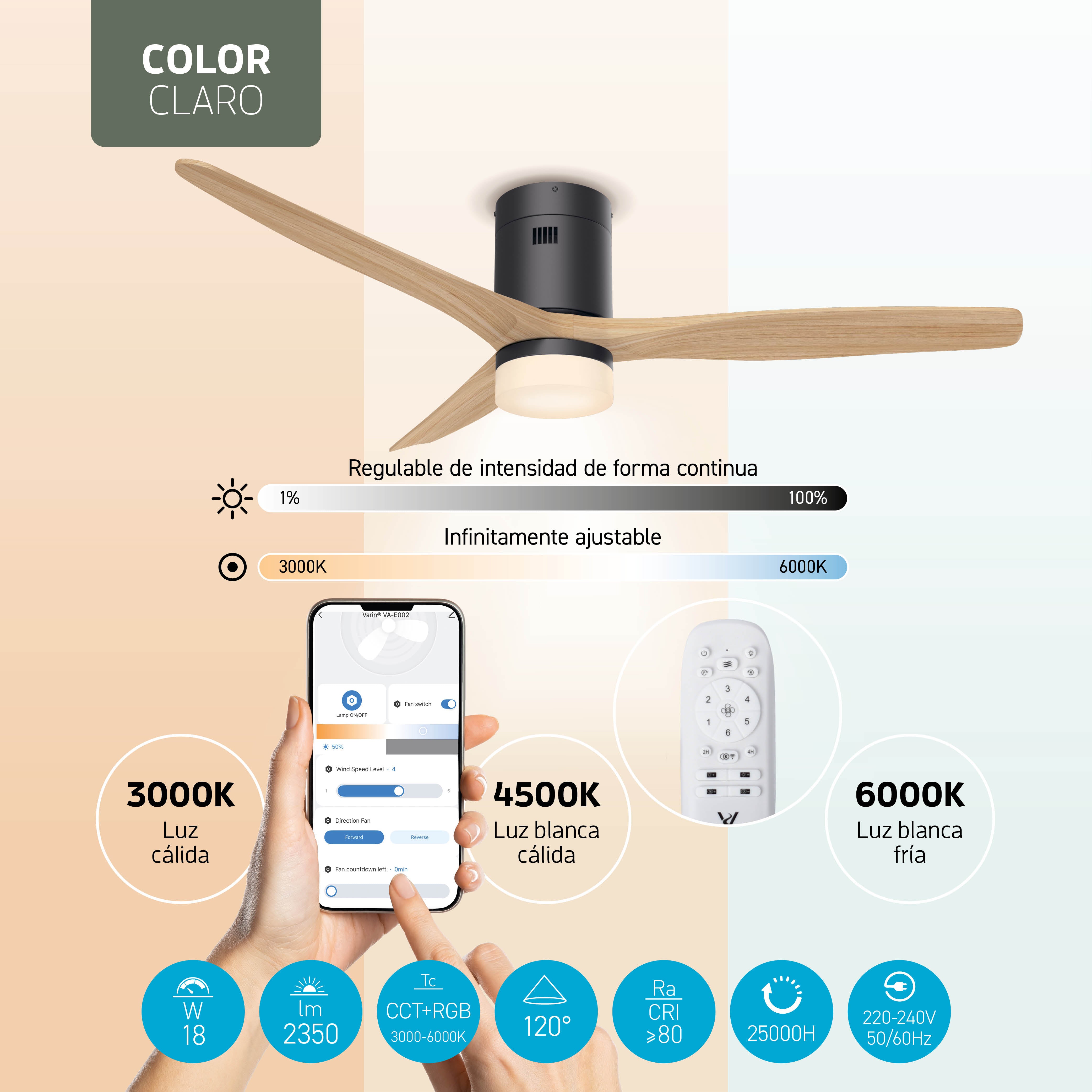 Ventilador de techo inteligente Negro/Natural con iluminación - 132 cm - WiFi
