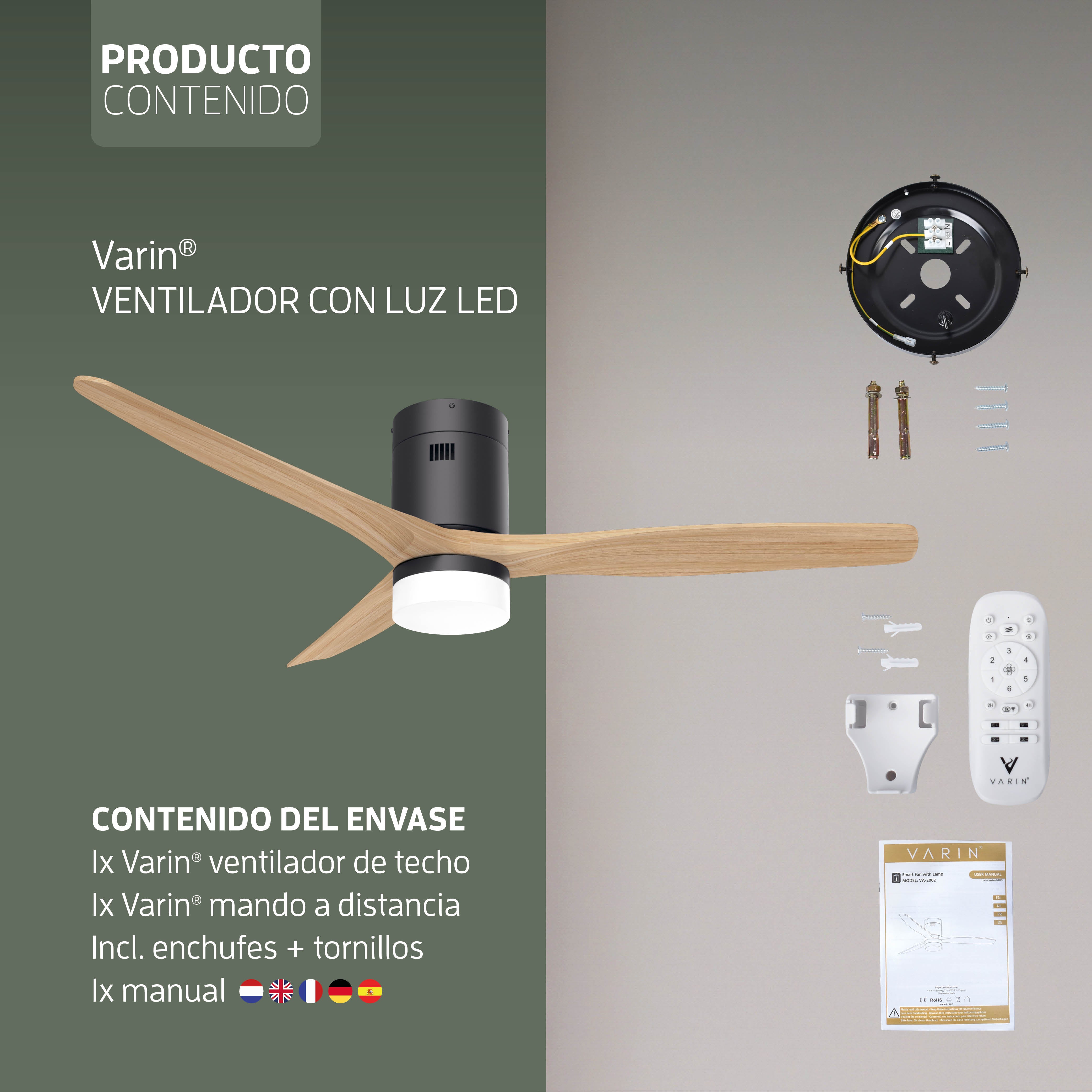 Ventilador de techo inteligente Negro/Natural con iluminación - 132 cm - WiFi