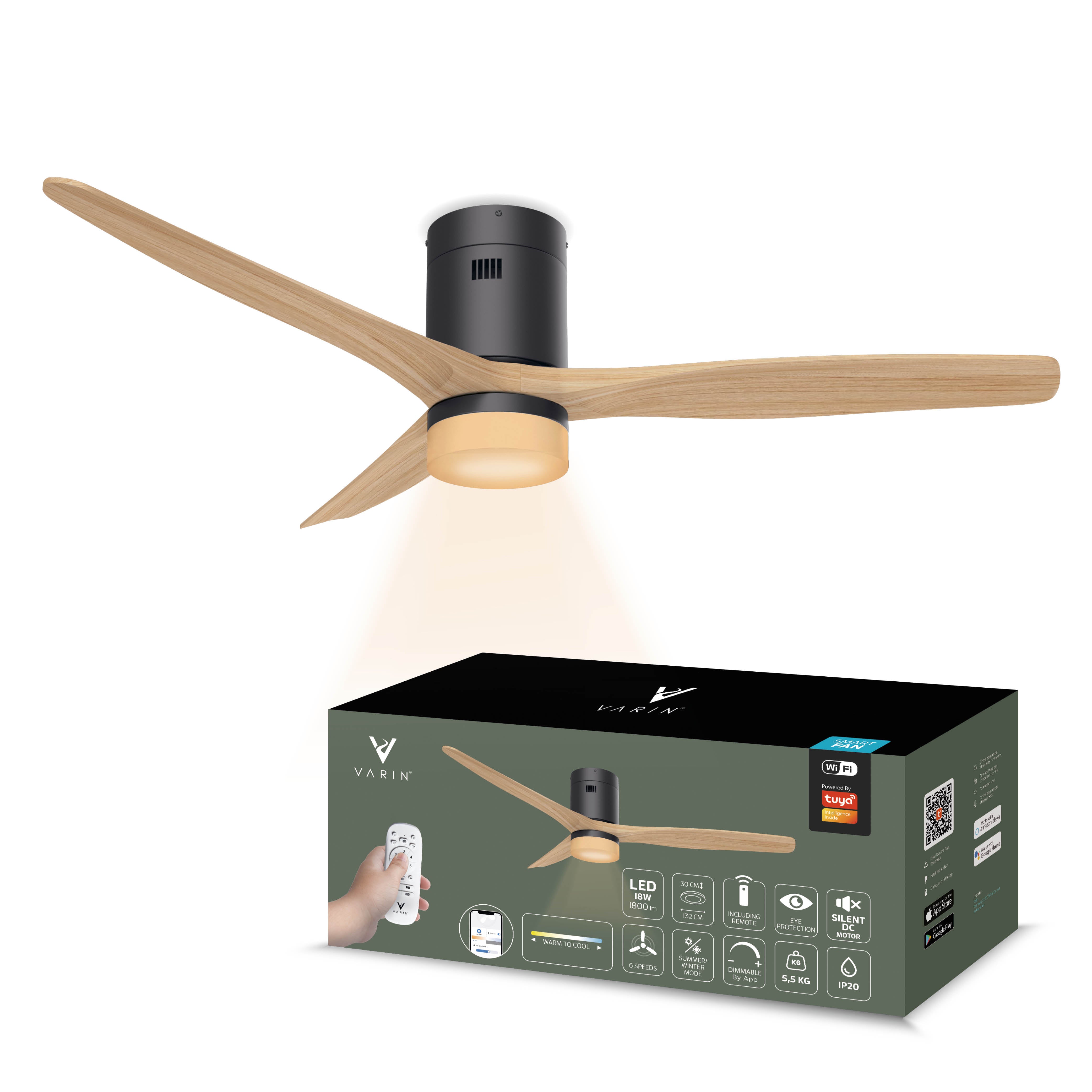 Ventilador de techo inteligente Negro/Natural con iluminación - 132 cm - WiFi