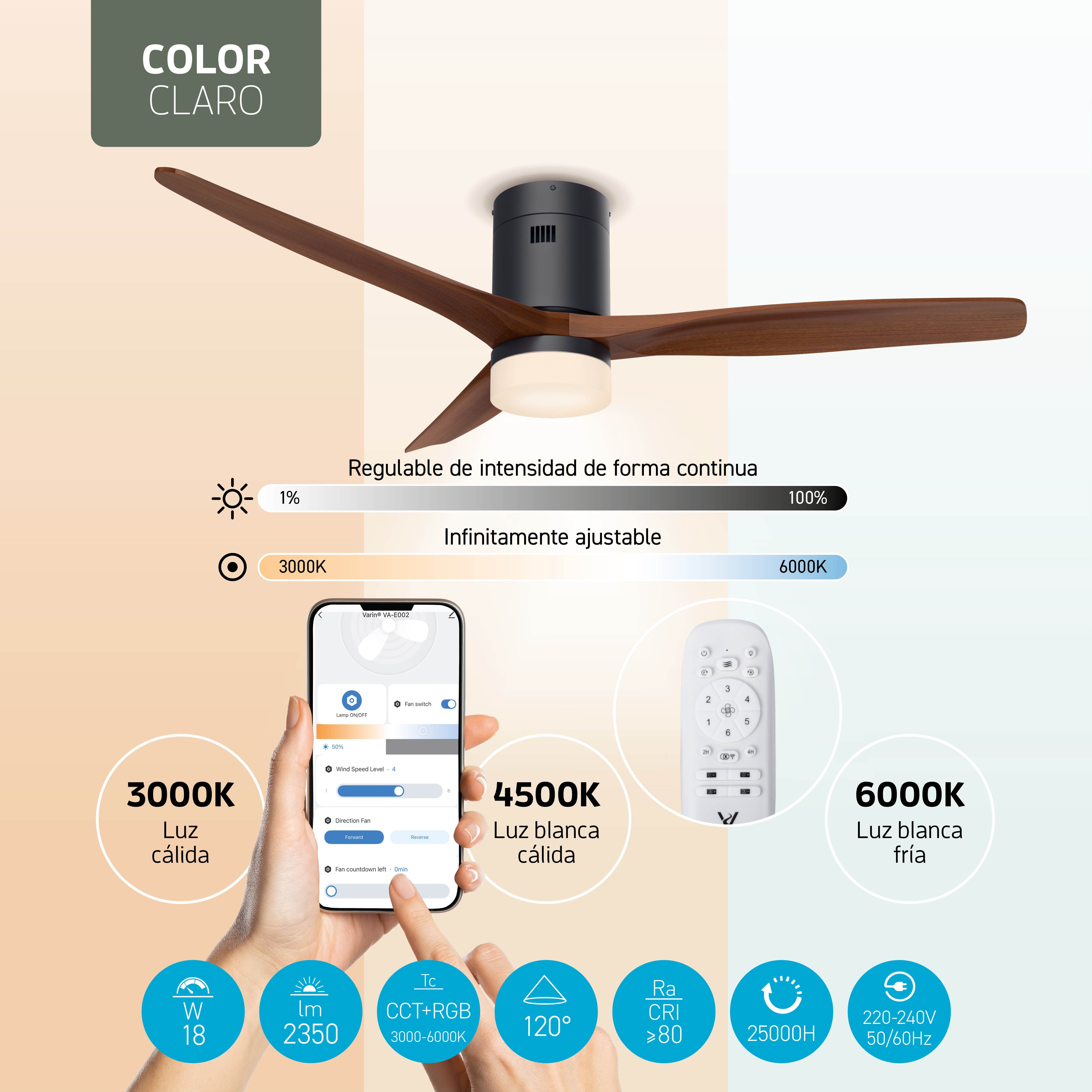Ventilador de techo inteligente Negro/Nogal con iluminación - 132 cm - WiFi