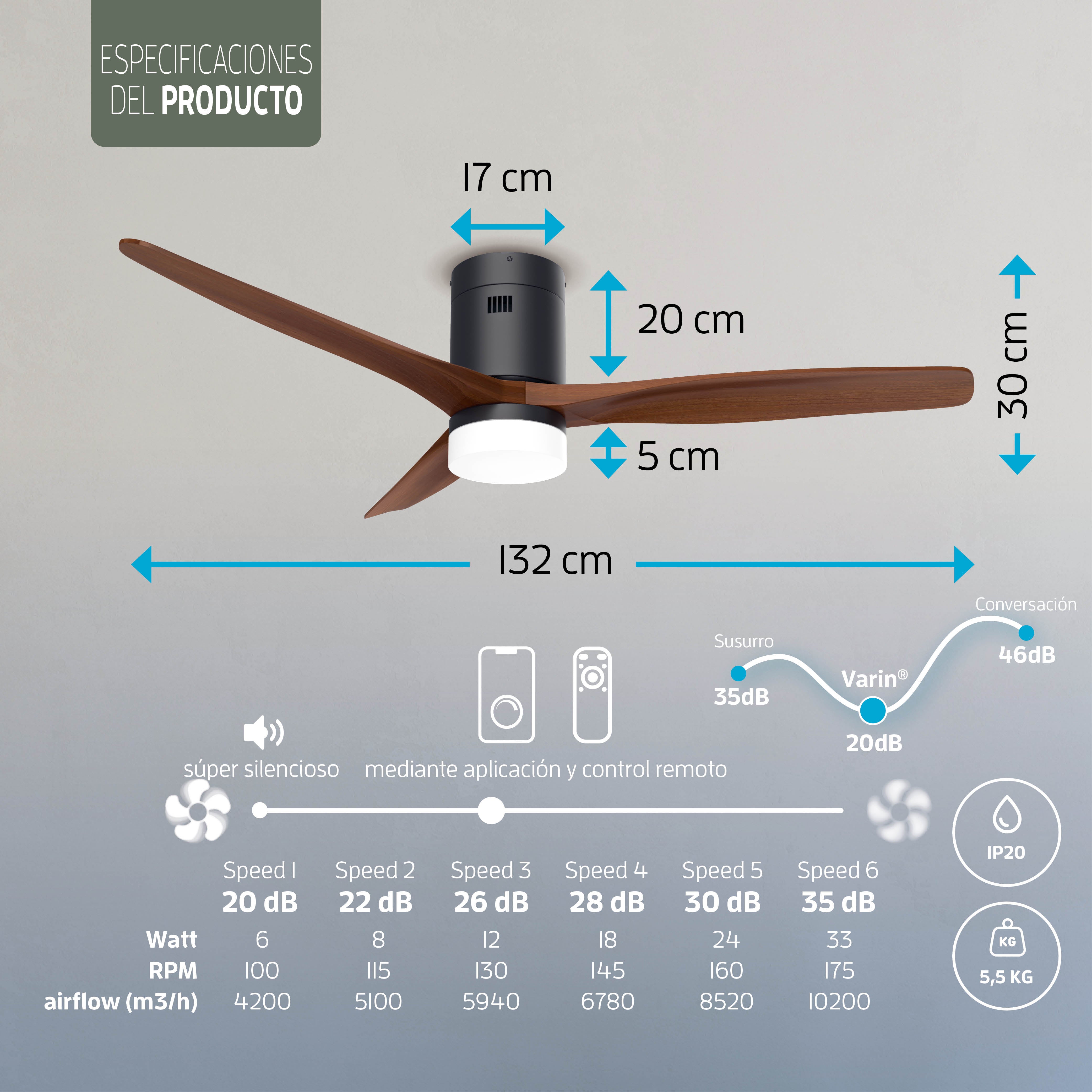 Ventilador de techo inteligente Negro/Nogal con iluminación - 132 cm - WiFi