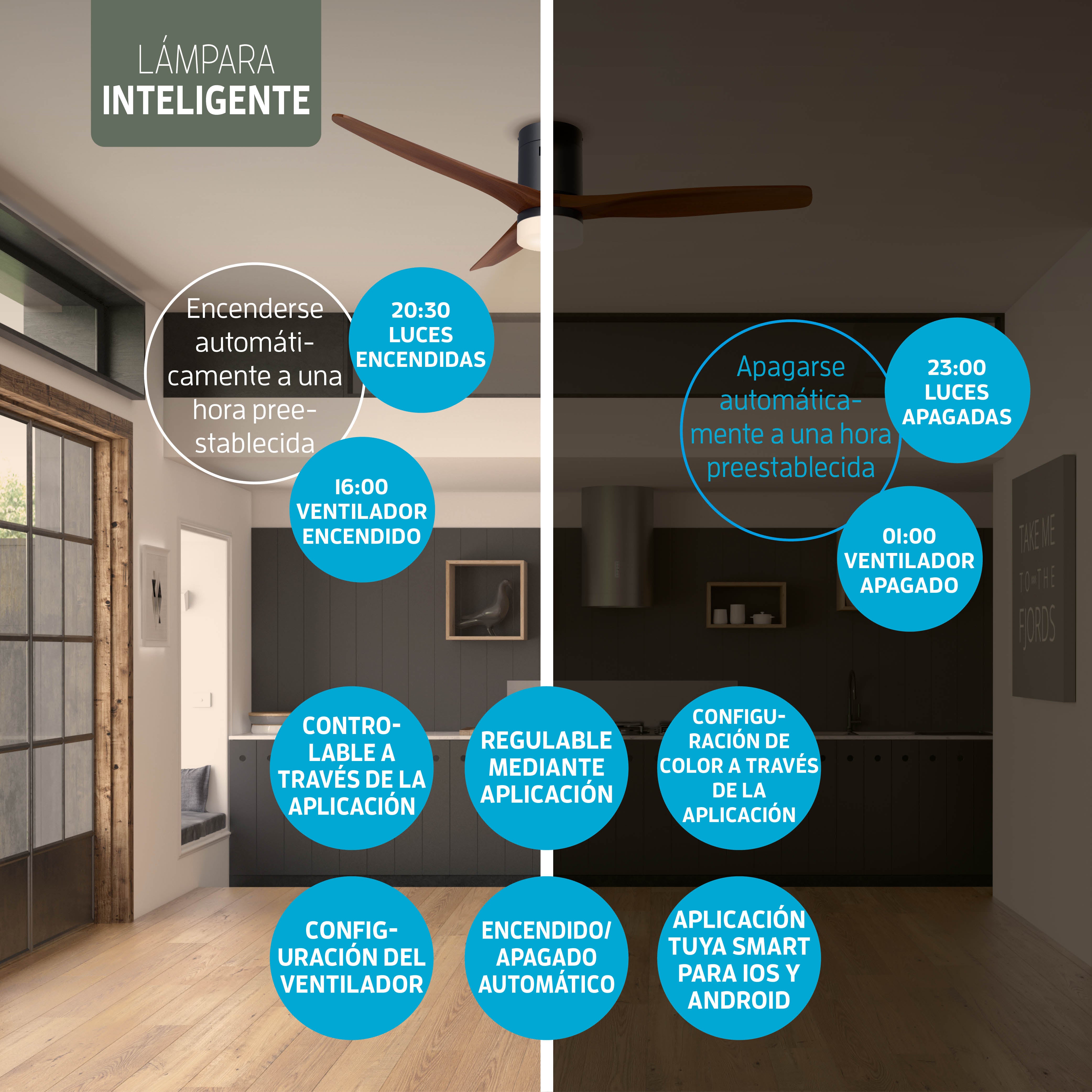 Ventilador de techo inteligente Negro/Nogal con iluminación - 132 cm - WiFi