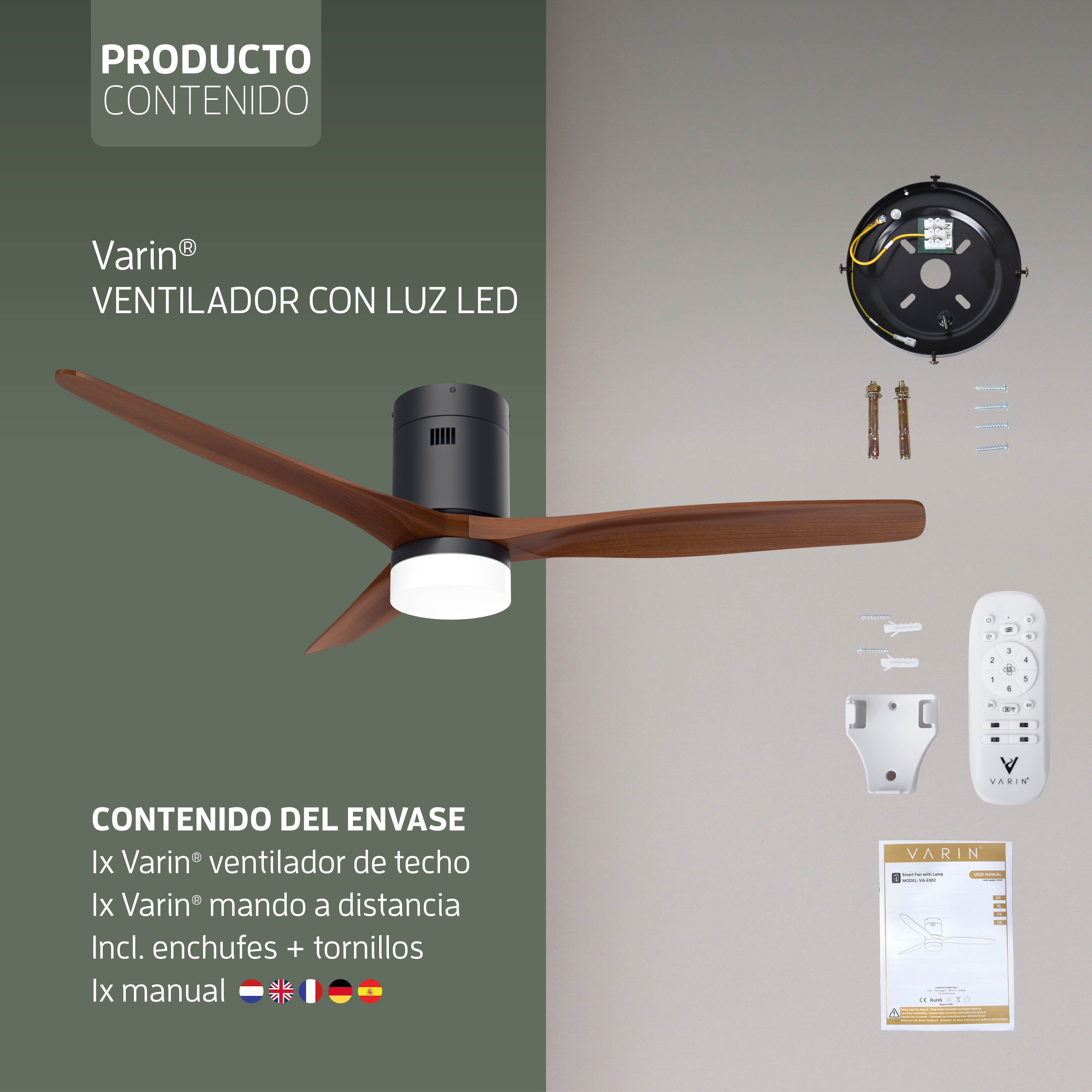 Ventilador de techo inteligente Negro/Nogal con iluminación - 132 cm - WiFi