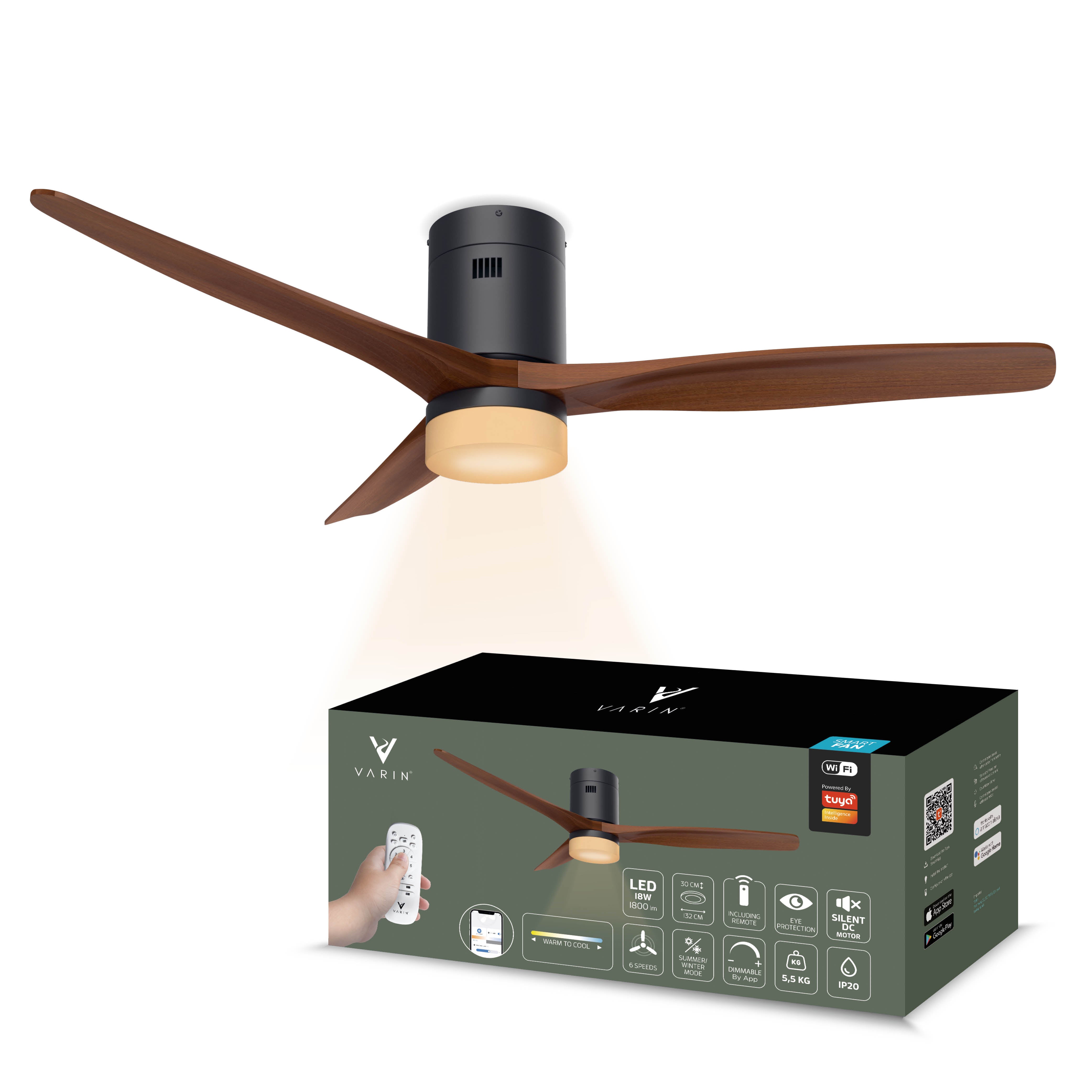 Ventilador de techo inteligente Negro/Nogal con iluminación - 132 cm - WiFi