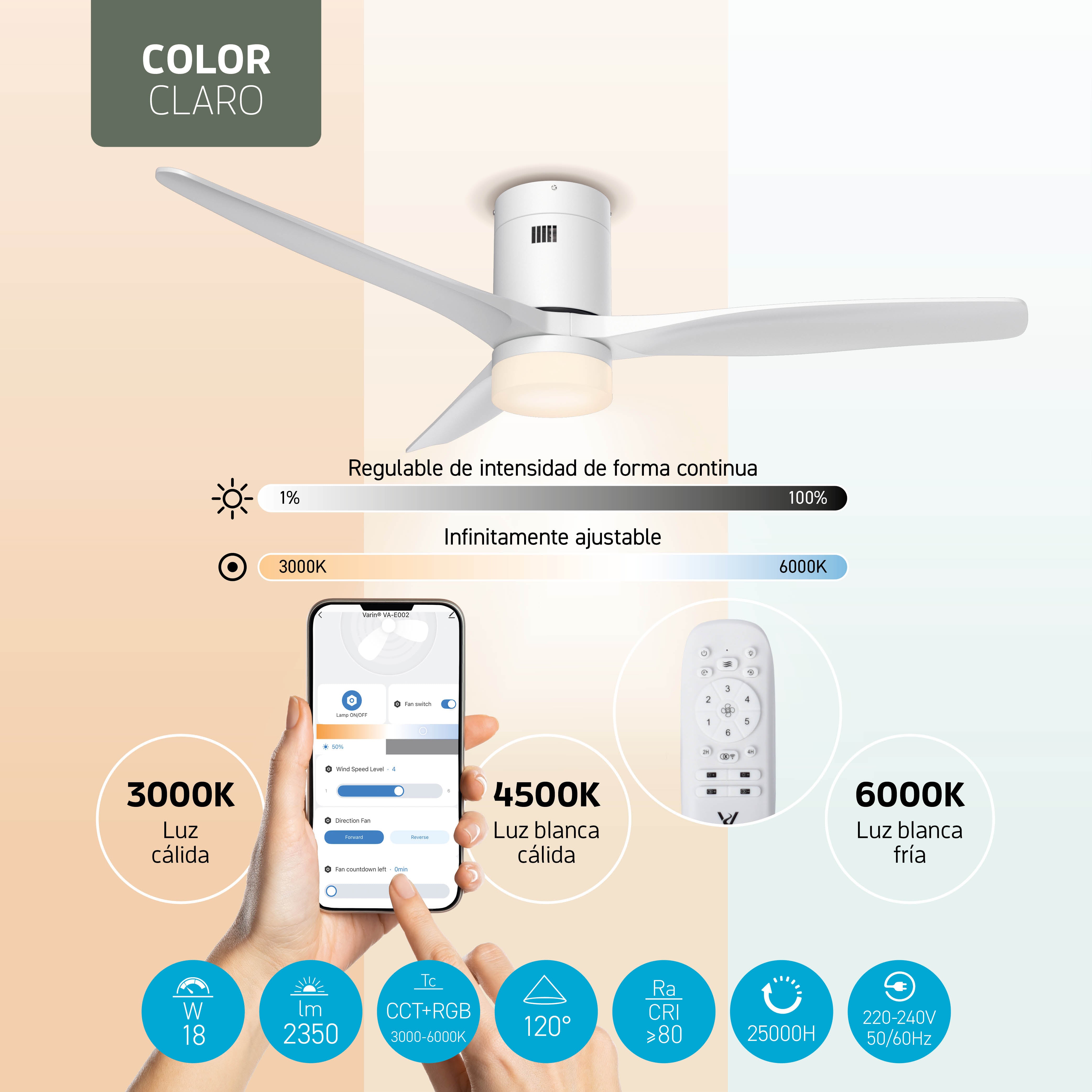 Ventilador de techo inteligente con luz - 132 cm - Tuya WiFi - Blanco