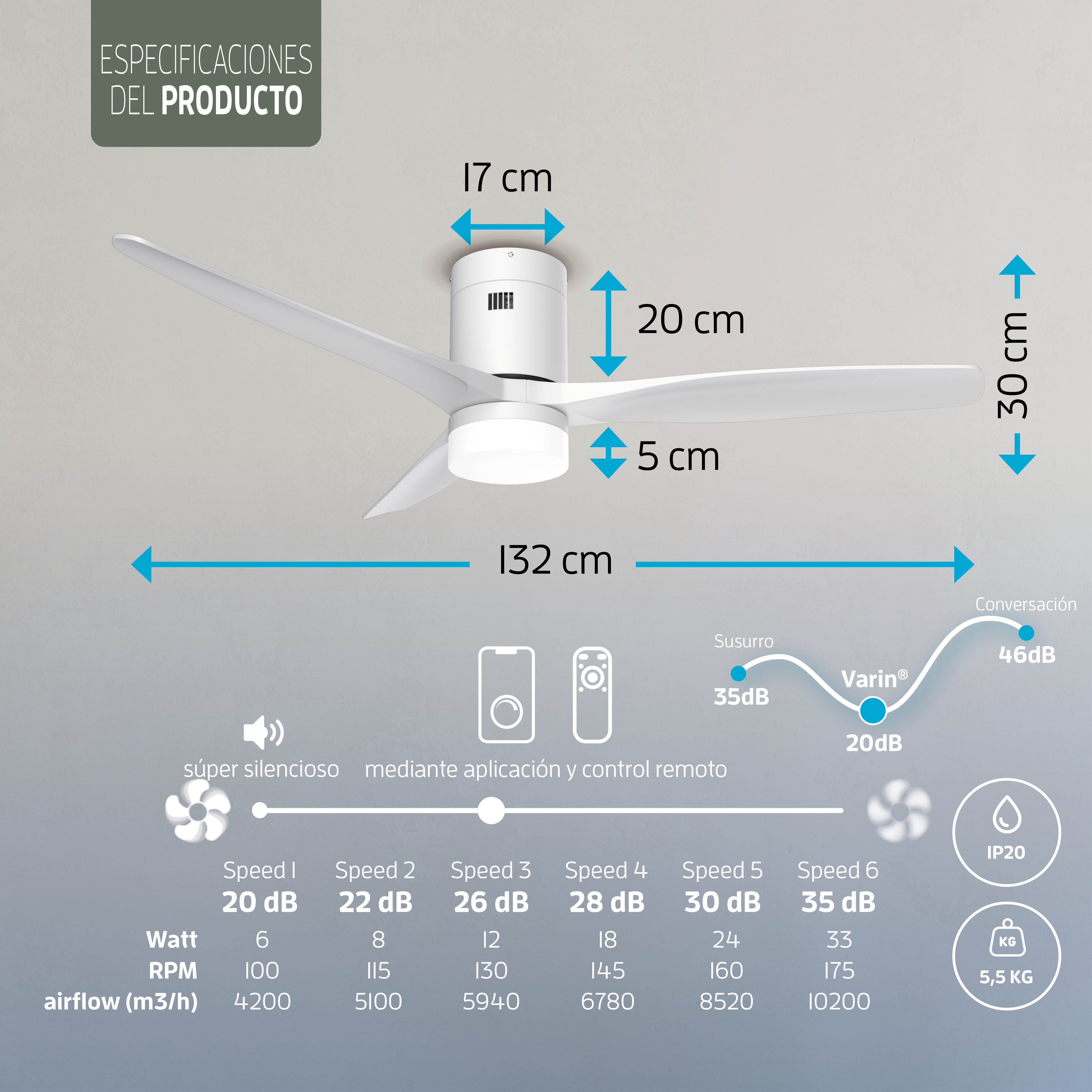Ventilador de techo inteligente con luz - 132 cm - Tuya WiFi - Blanco