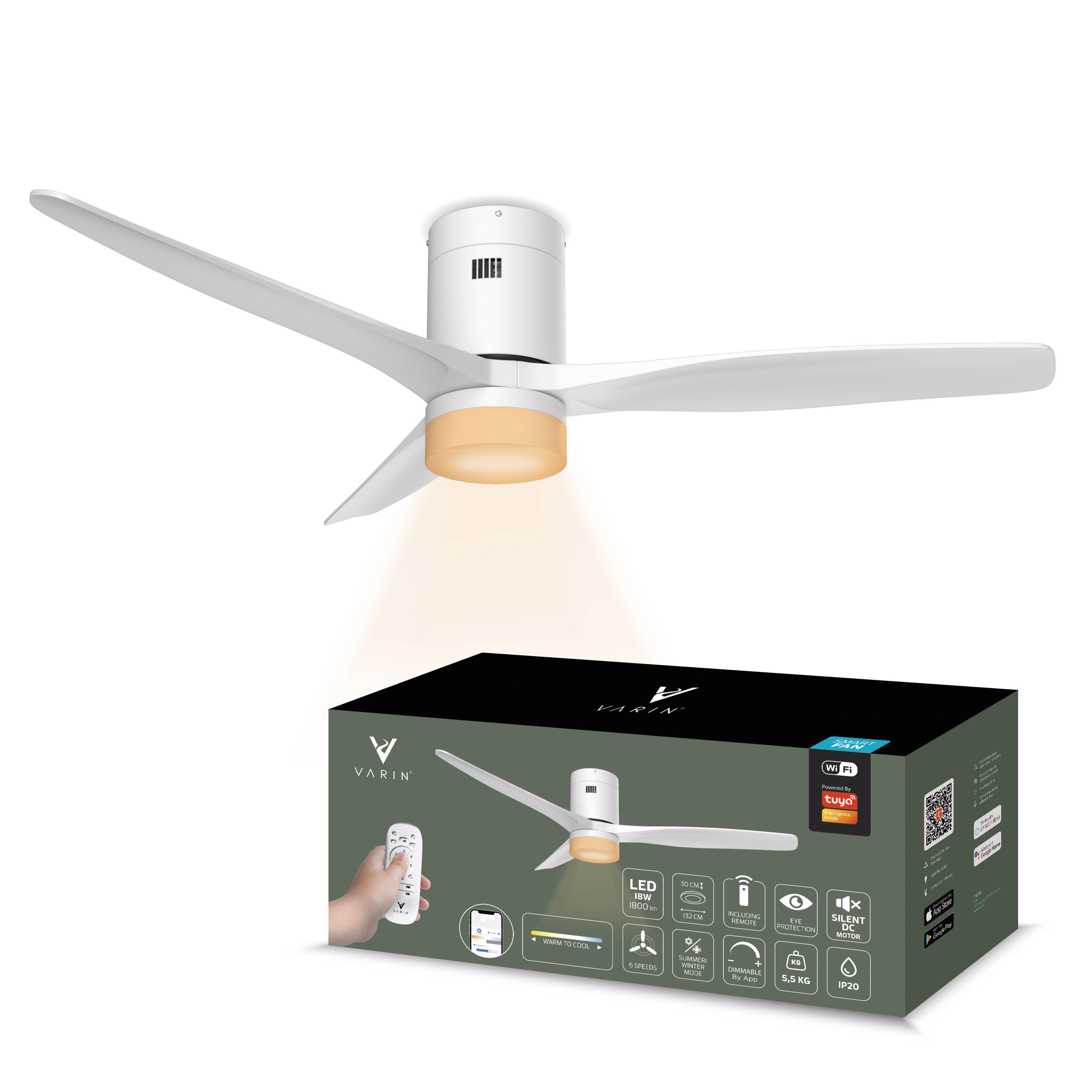 Ventilador de techo inteligente con luz - 132 cm - Tuya WiFi - Blanco