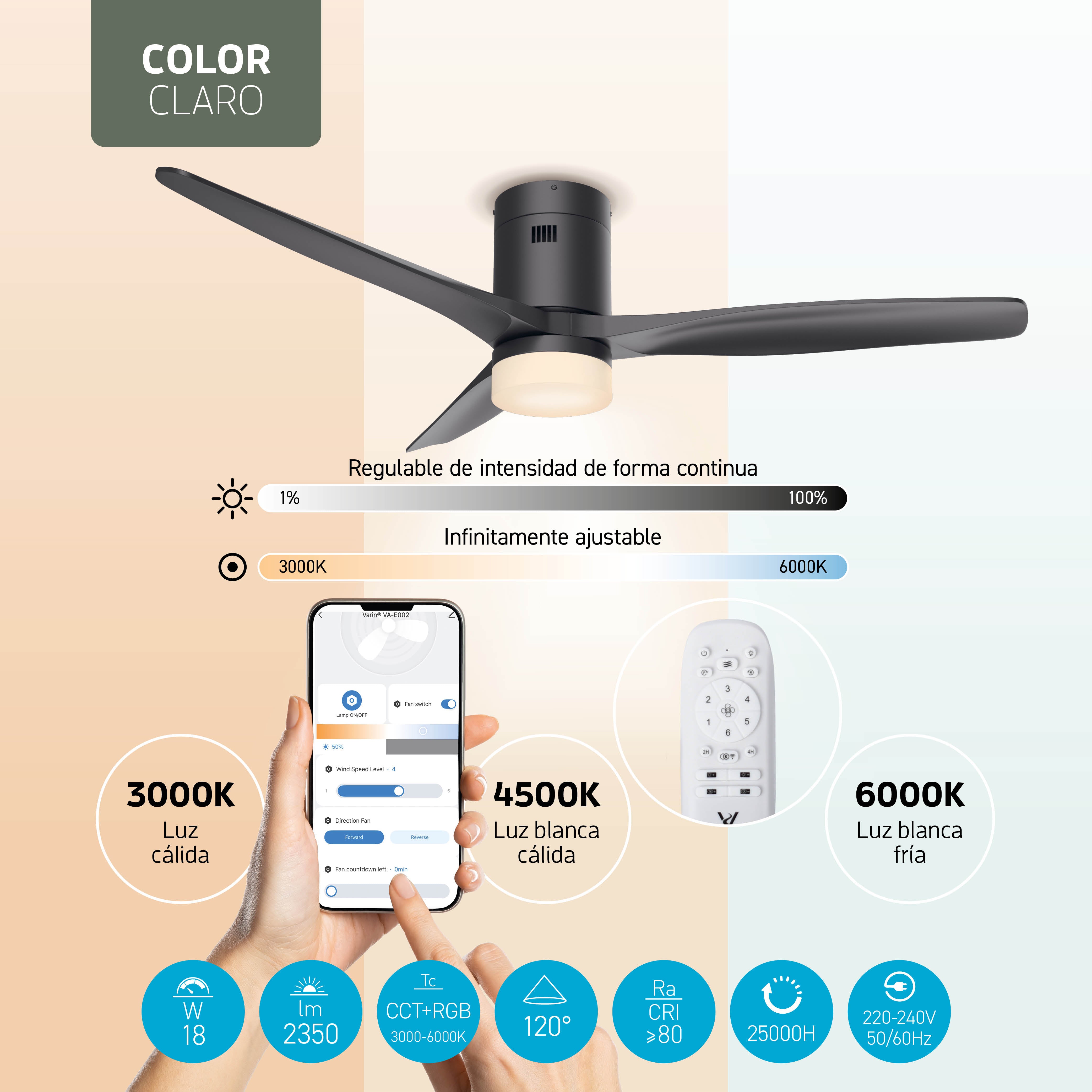 Ventilador de techo inteligente con luz - 132 cm - Tuya WiFi - Negro
