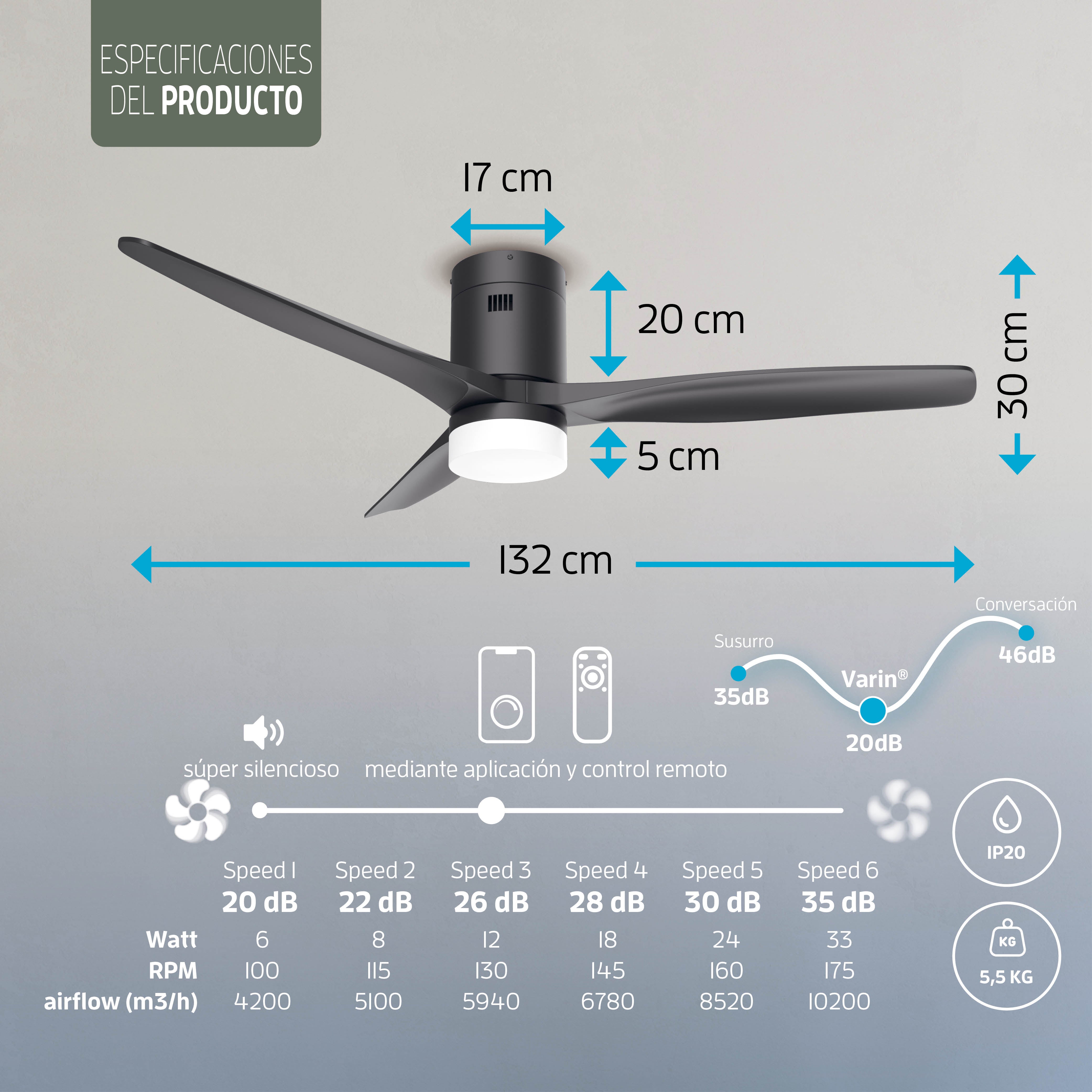 Ventilador de techo inteligente con luz - 132 cm - Tuya WiFi - Negro