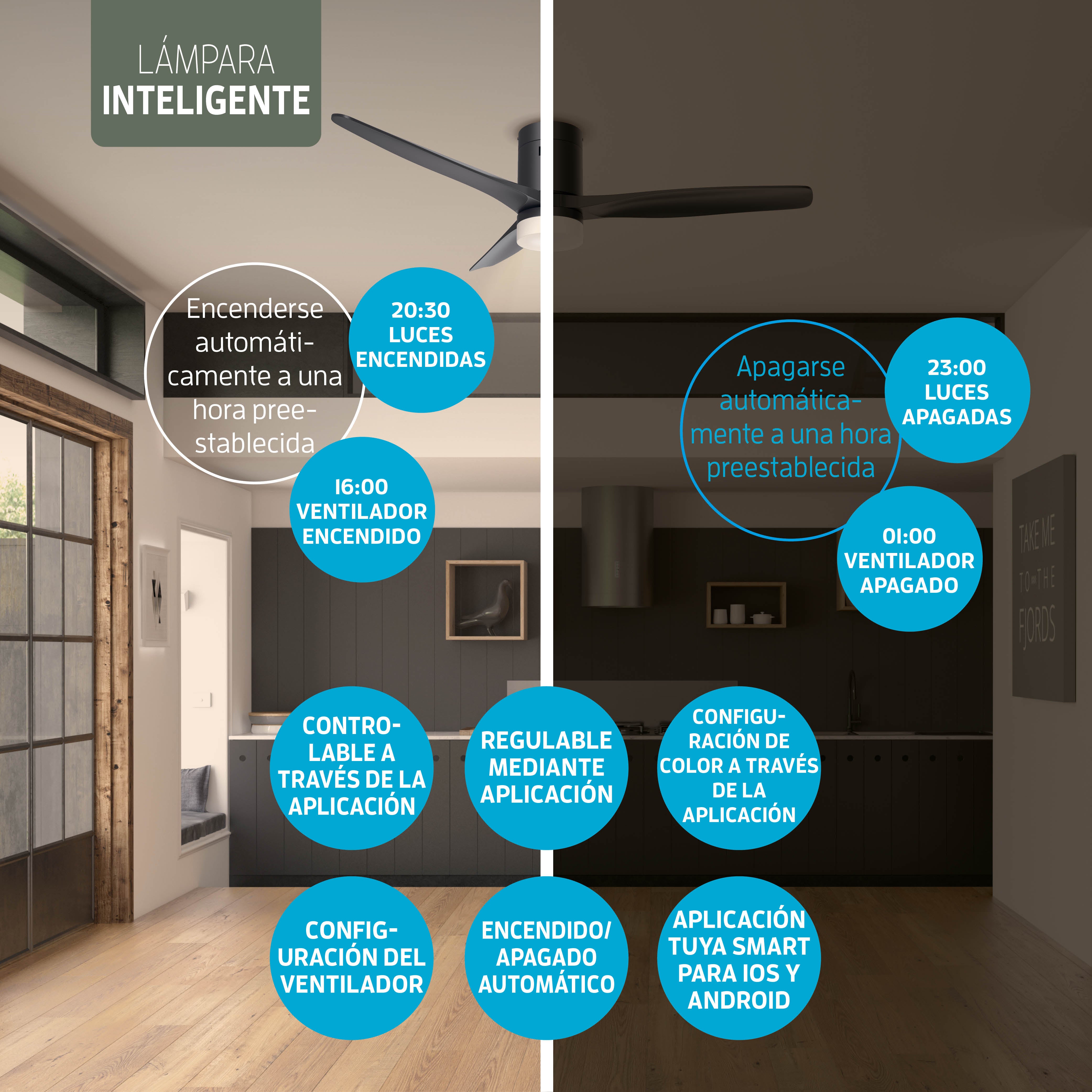 Ventilador de techo inteligente con luz - 132 cm - Tuya WiFi - Negro