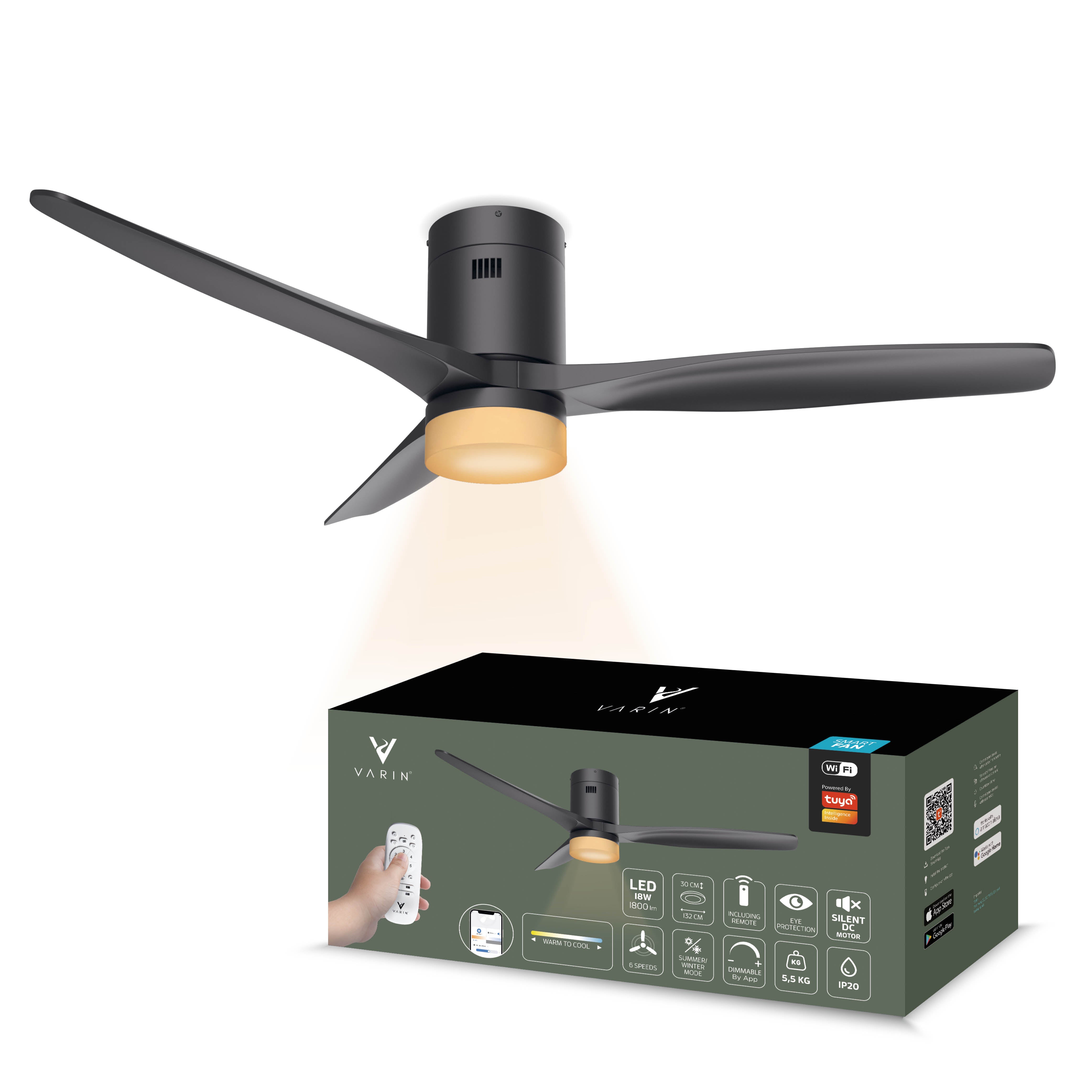 Ventilador de techo inteligente con luz - 132 cm - Tuya WiFi - Negro