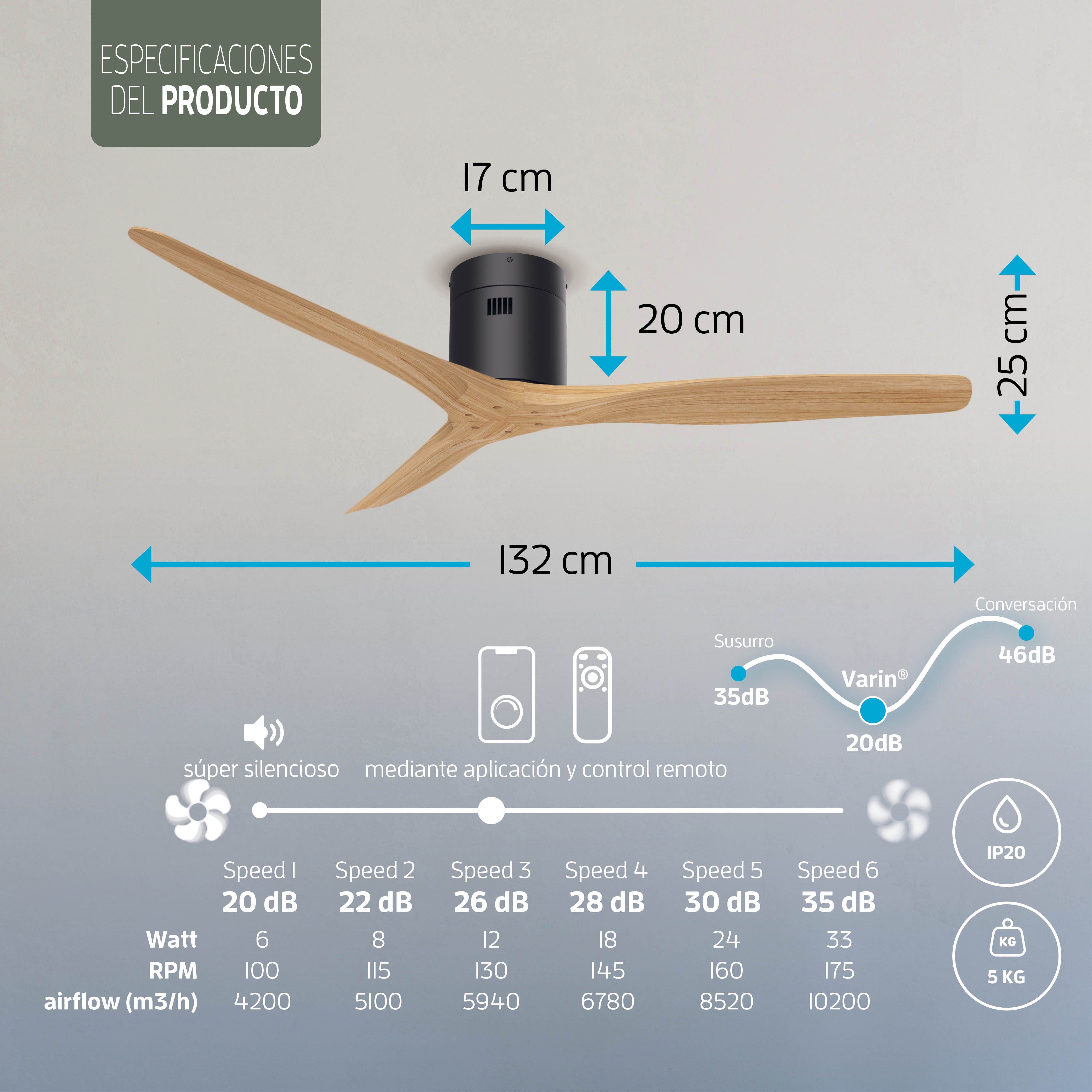 Ventilador de techo inteligente - Negro/Natural - 132 cm - WiFi
