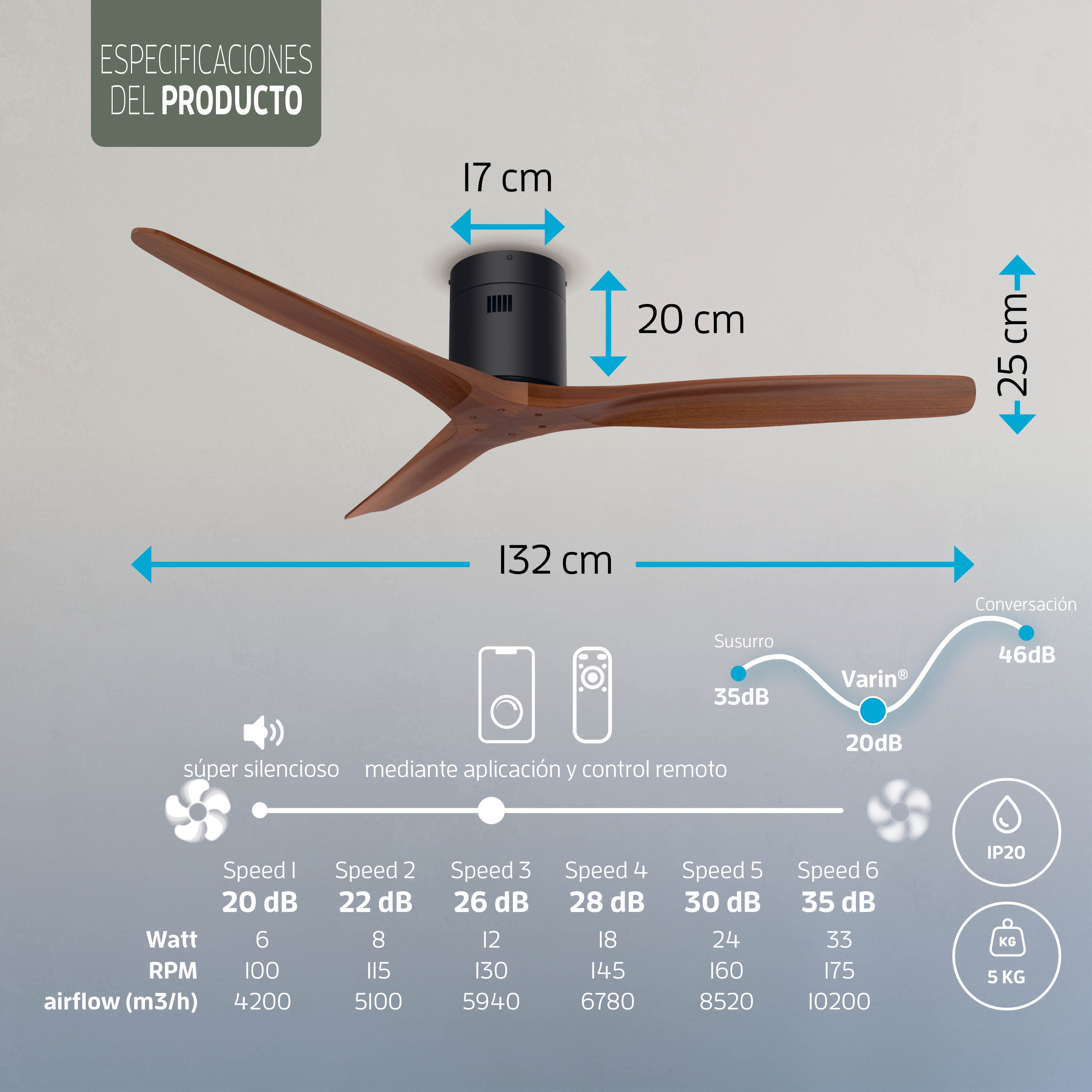 Ventilador de techo inteligente - 132 cm - Tuya WiFi - Negro/Nogal