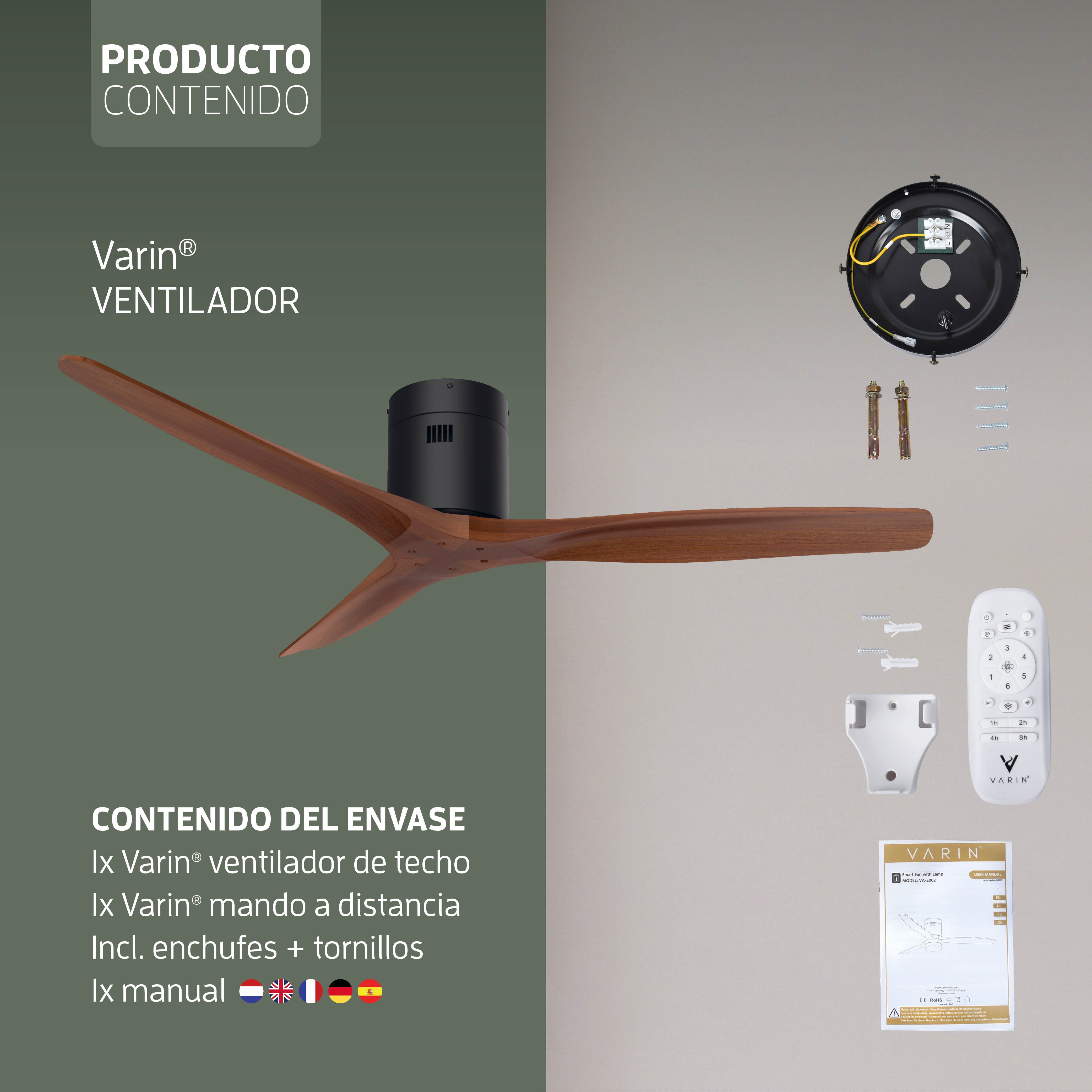 Ventilador de techo inteligente - 132 cm - Tuya WiFi - Negro/Nogal