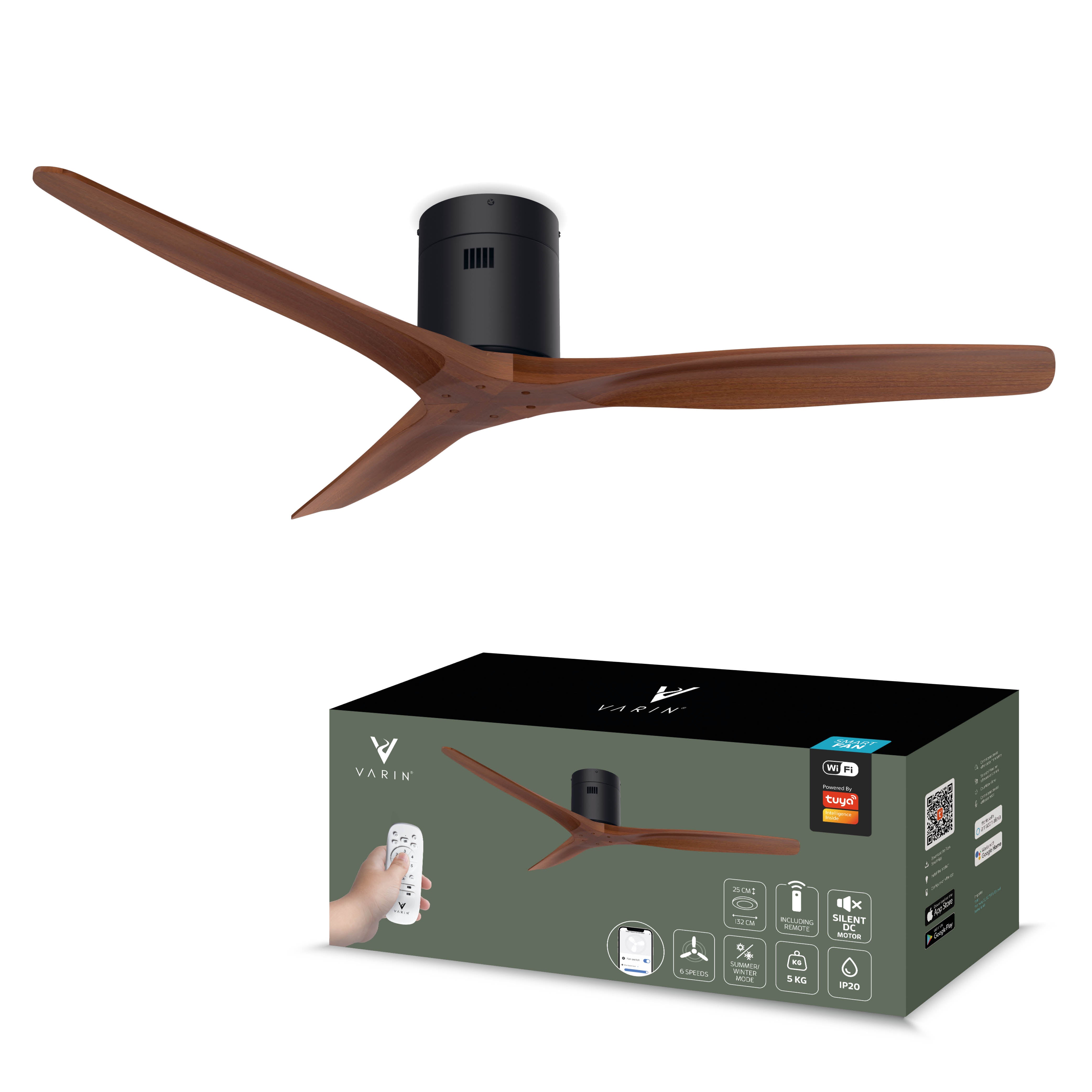 Ventilador de techo inteligente - 132 cm - Tuya WiFi - Negro/Nogal
