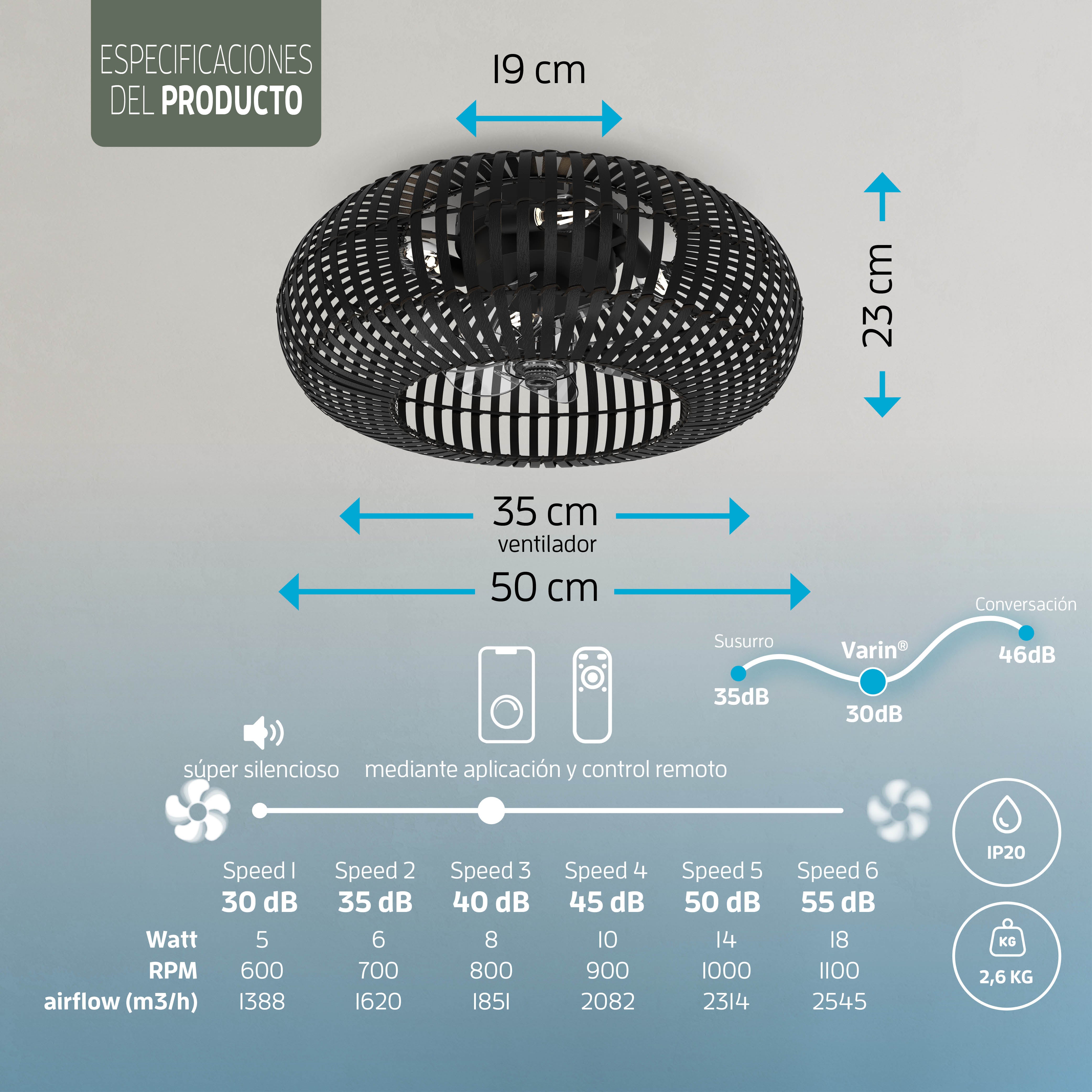 Lámpara de techo inteligente con 4 casquillos E27 (sin Bombillas) - 50 cm - Ventilador de techo con luz - Bambú negro