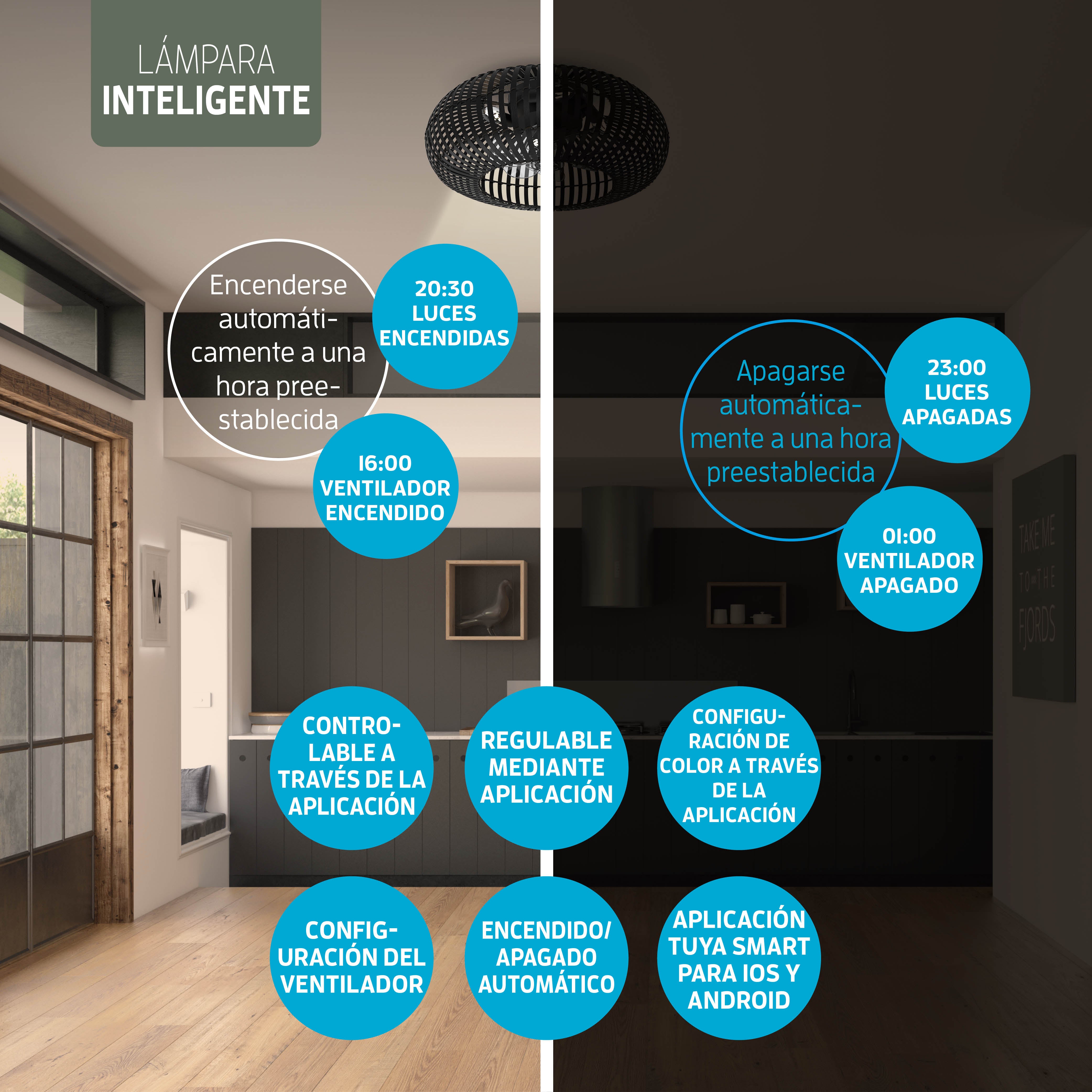 Lámpara de techo inteligente con 4 casquillos E27 (sin Bombillas) - 50 cm - Ventilador de techo con luz - Bambú negro