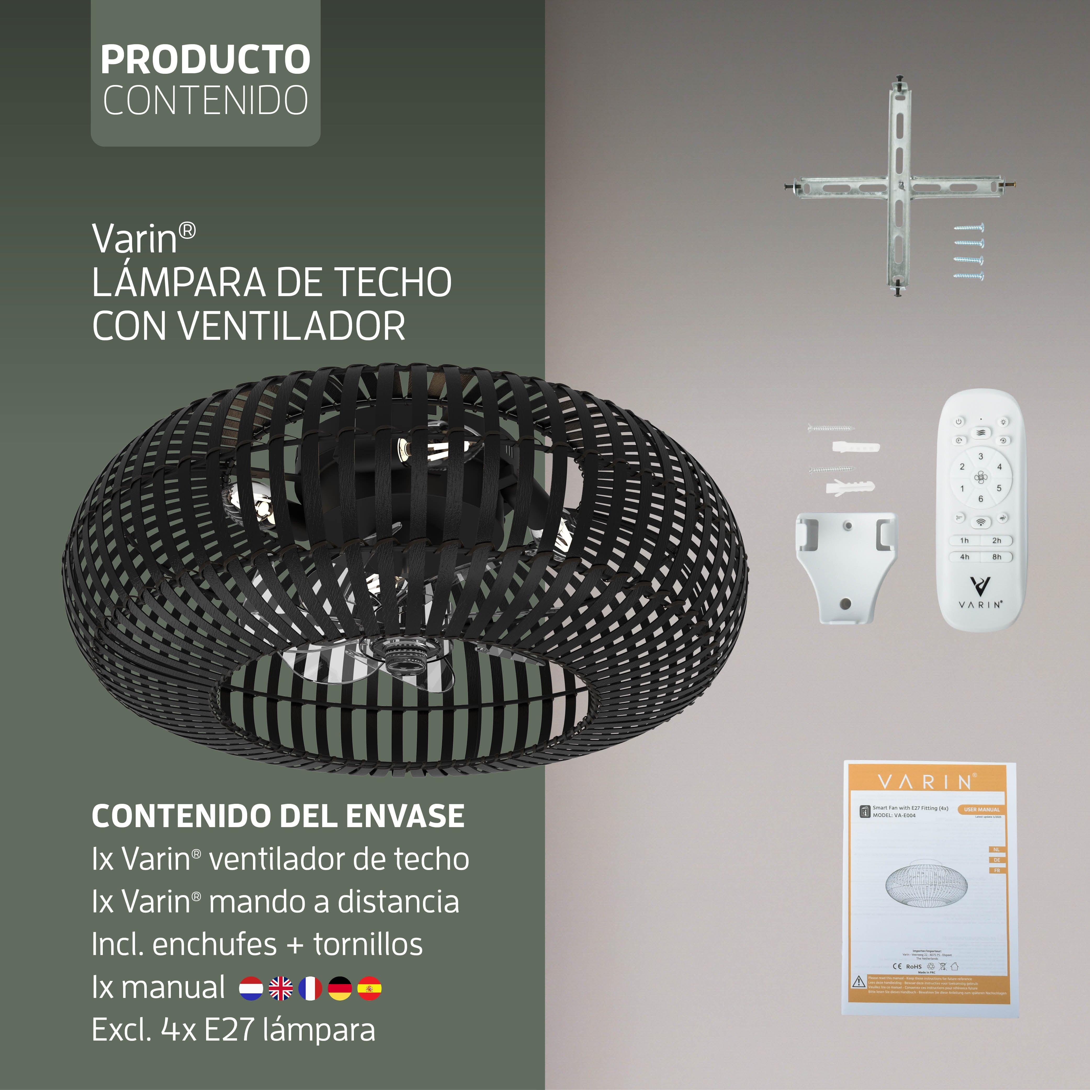 Lámpara de techo inteligente con 4 casquillos E27 (sin Bombillas) - 50 cm - Ventilador de techo con luz - Bambú negro