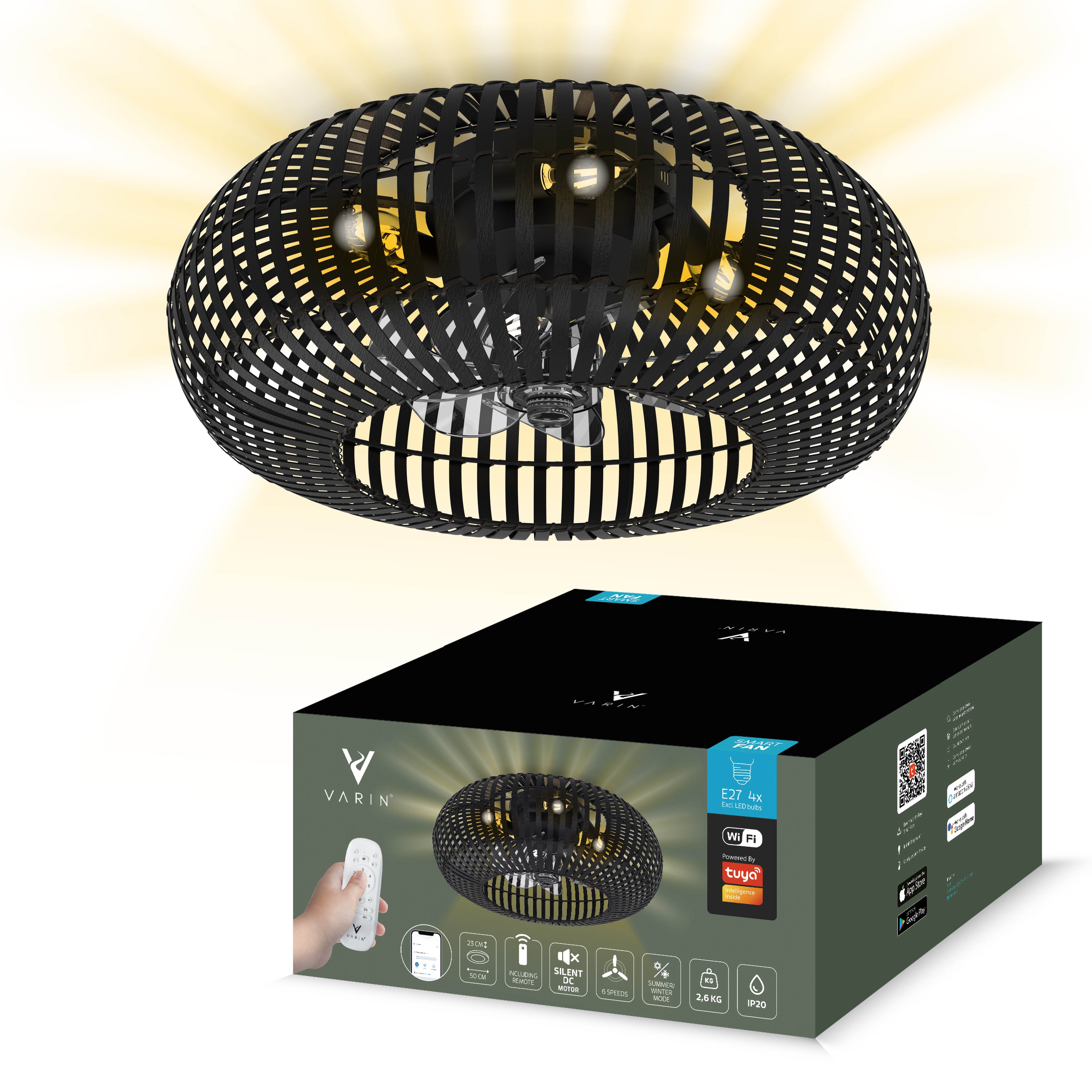 Lámpara de techo inteligente con 4 casquillos E27 (sin Bombillas) - 50 cm - Ventilador de techo con luz - Bambú negro