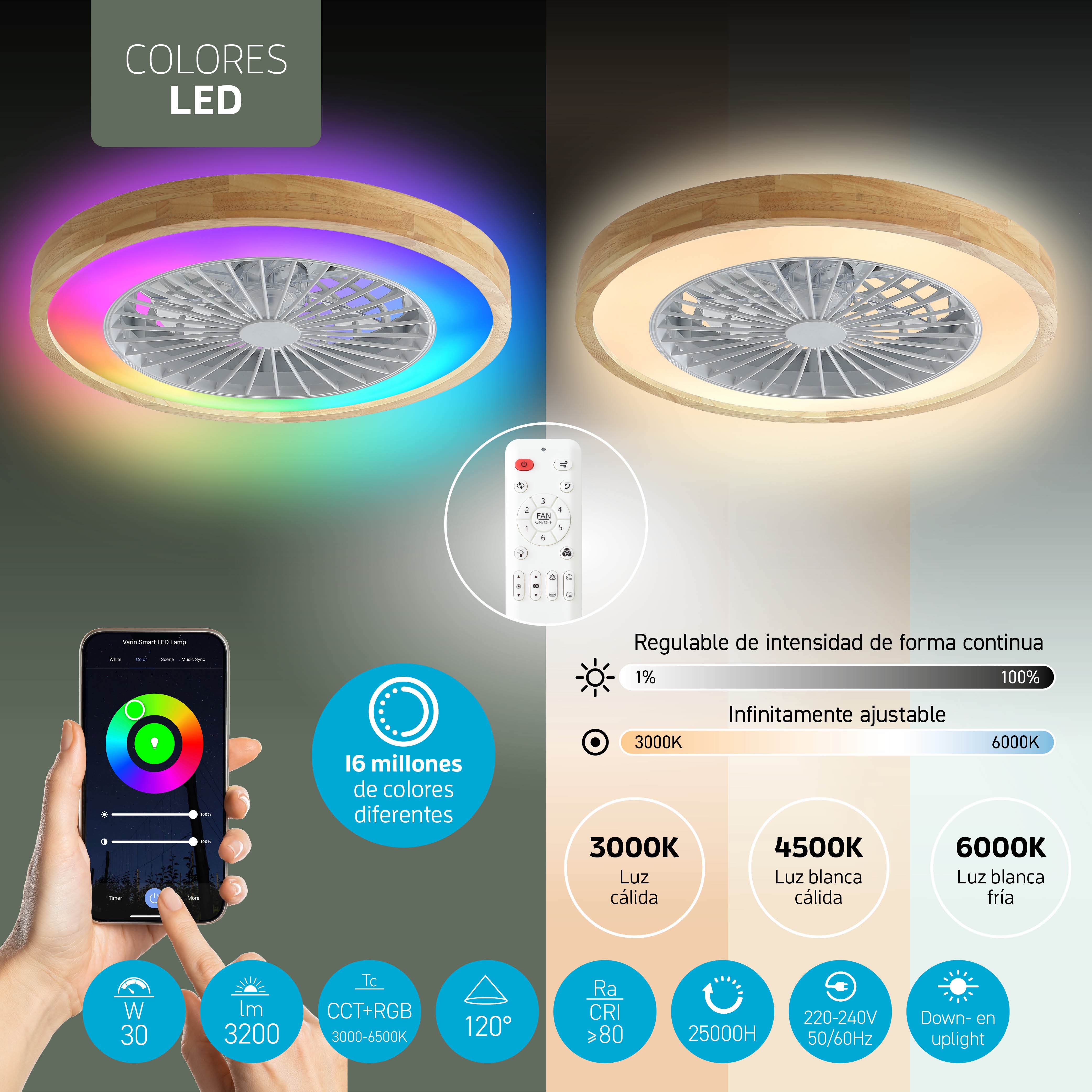 Lámpara de techo LED inteligente Varin con WiFi y ventilador RGBW (CCT) - 50 cm - Tuya - Madera clara