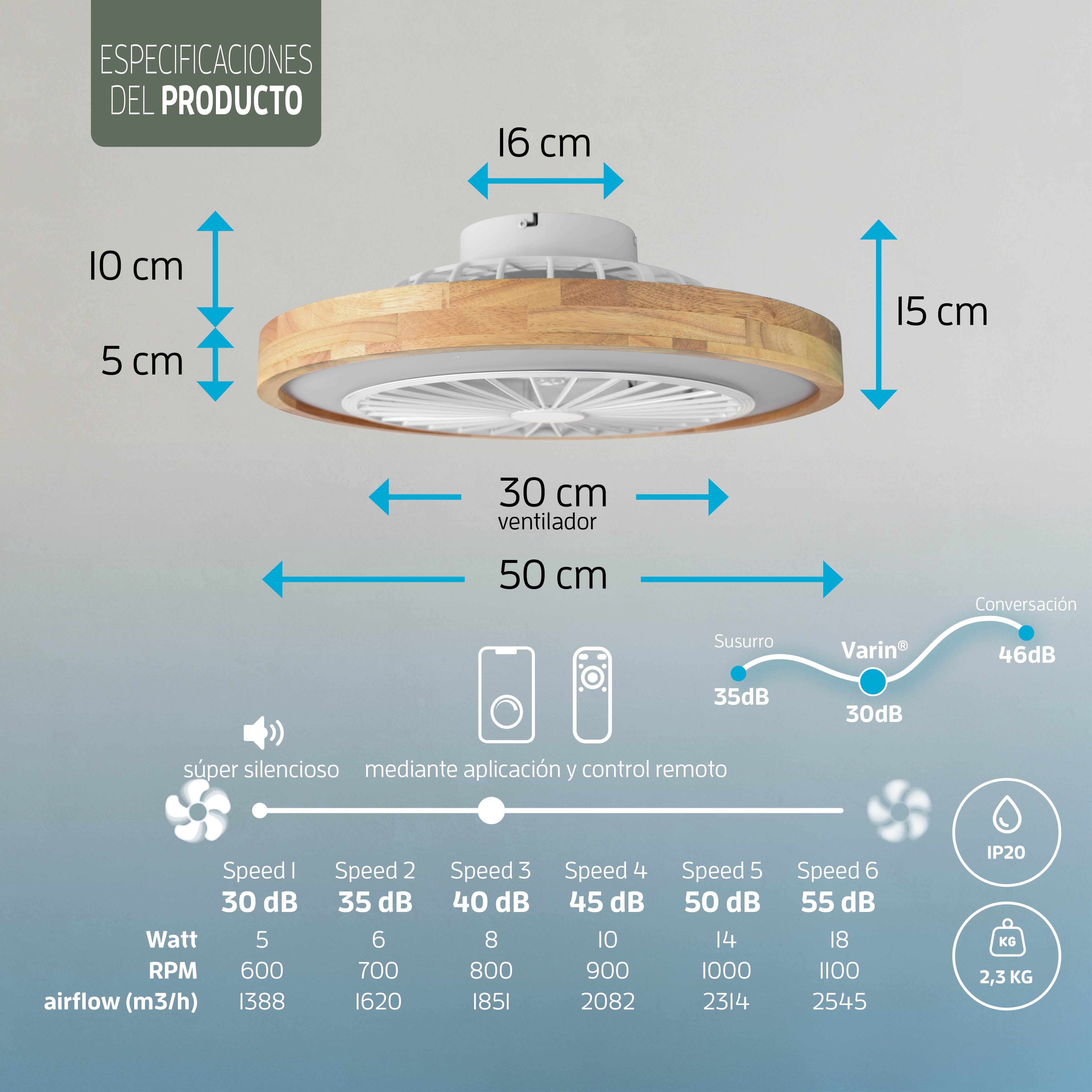 Lámpara de techo LED inteligente Varin con WiFi y ventilador RGBW (CCT) - 50 cm - Tuya - Madera clara