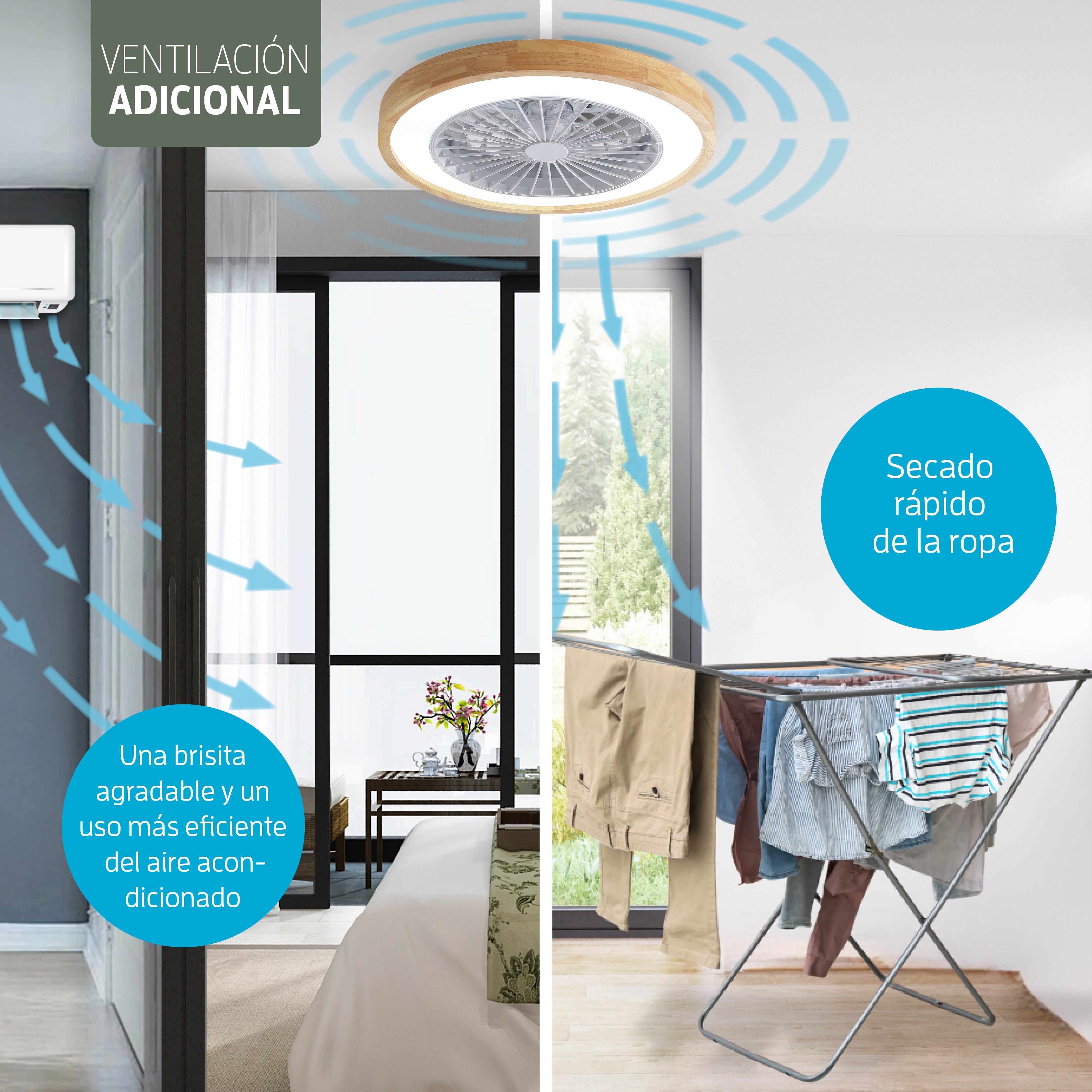 Lámpara de techo LED inteligente Varin con WiFi y ventilador RGBW (CCT) - 50 cm - Tuya - Madera clara