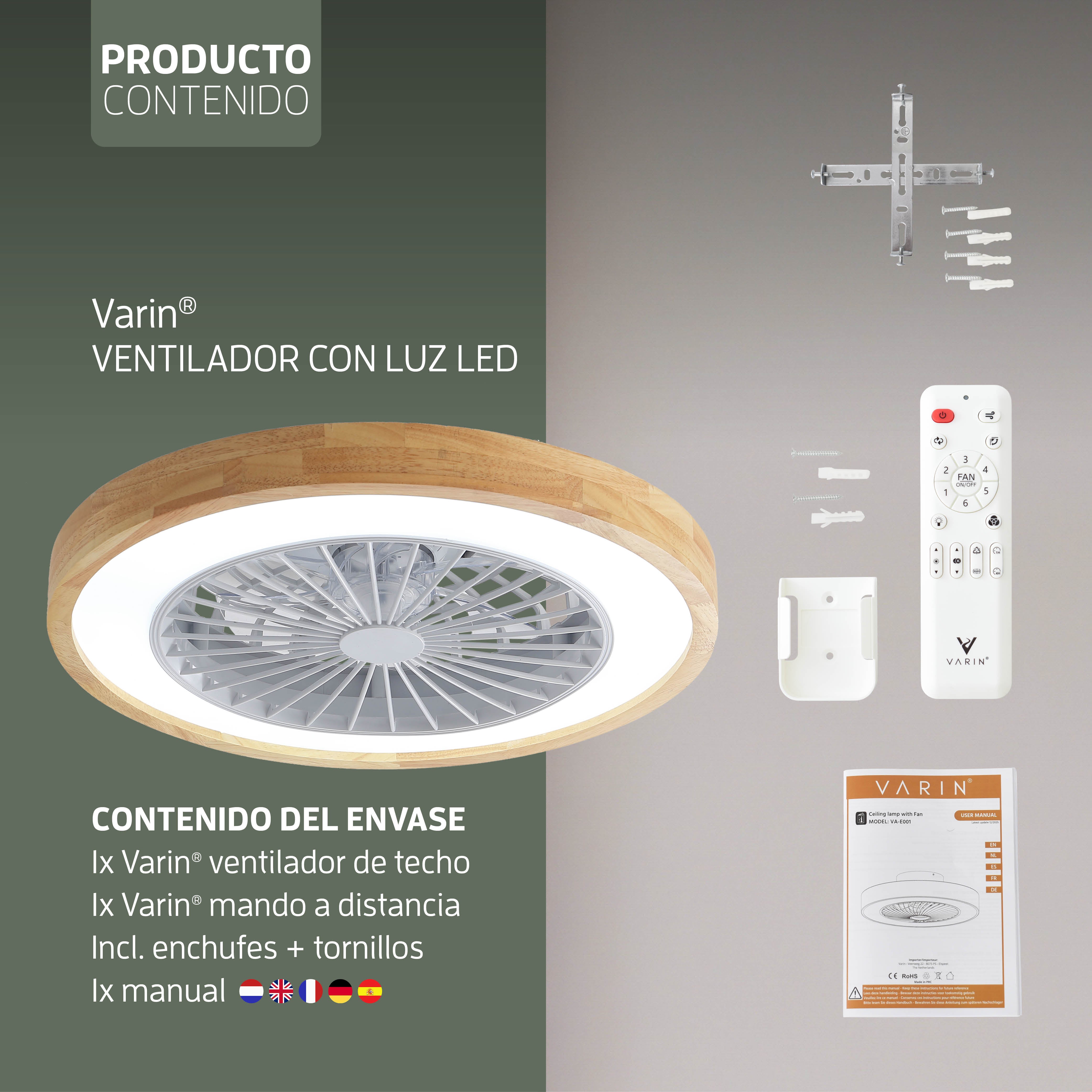 Lámpara de techo LED inteligente Varin con WiFi y ventilador RGBW (CCT) - 50 cm - Tuya - Madera clara