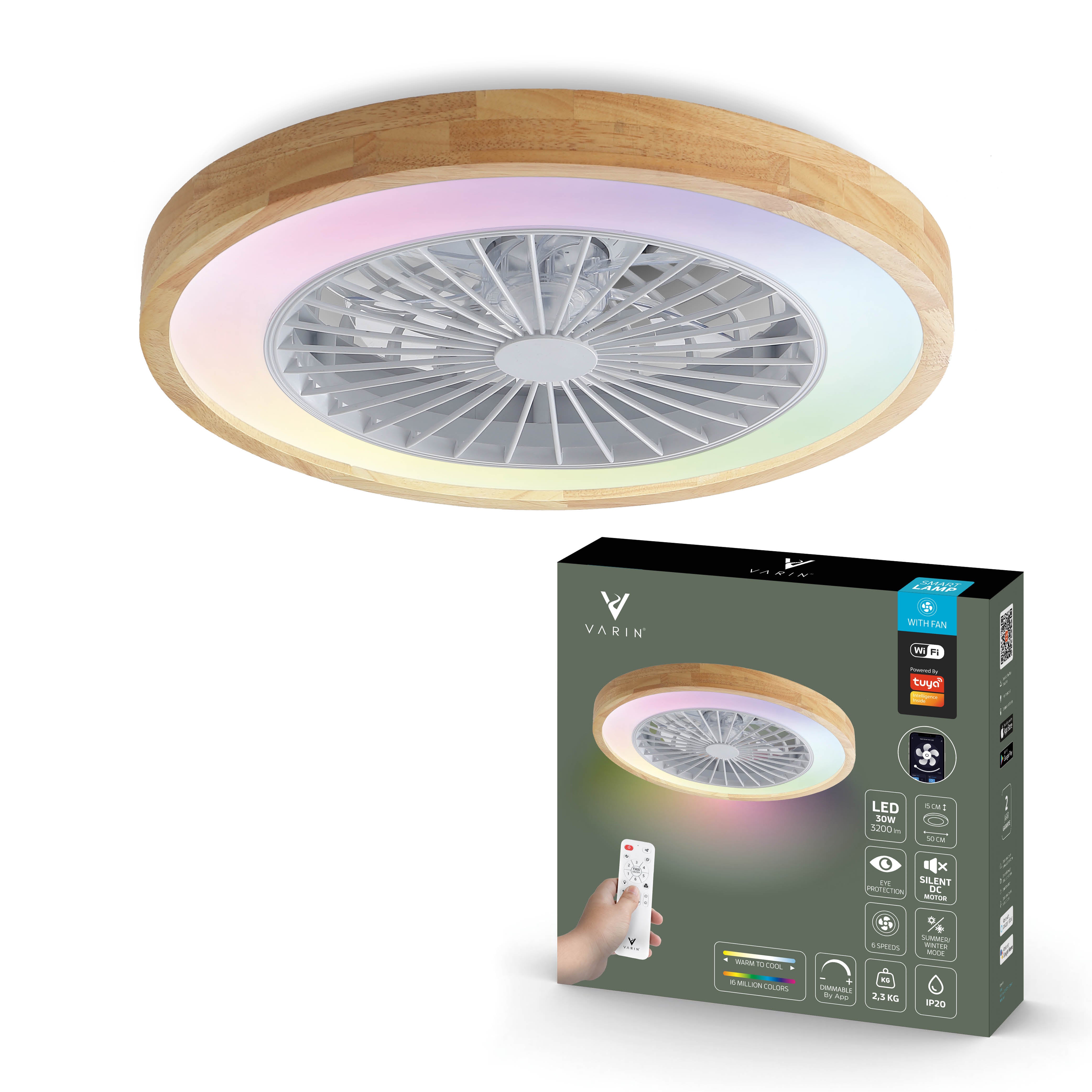 Lámpara de techo LED inteligente Varin con WiFi y ventilador RGBW (CCT) - 50 cm - Tuya - Madera clara