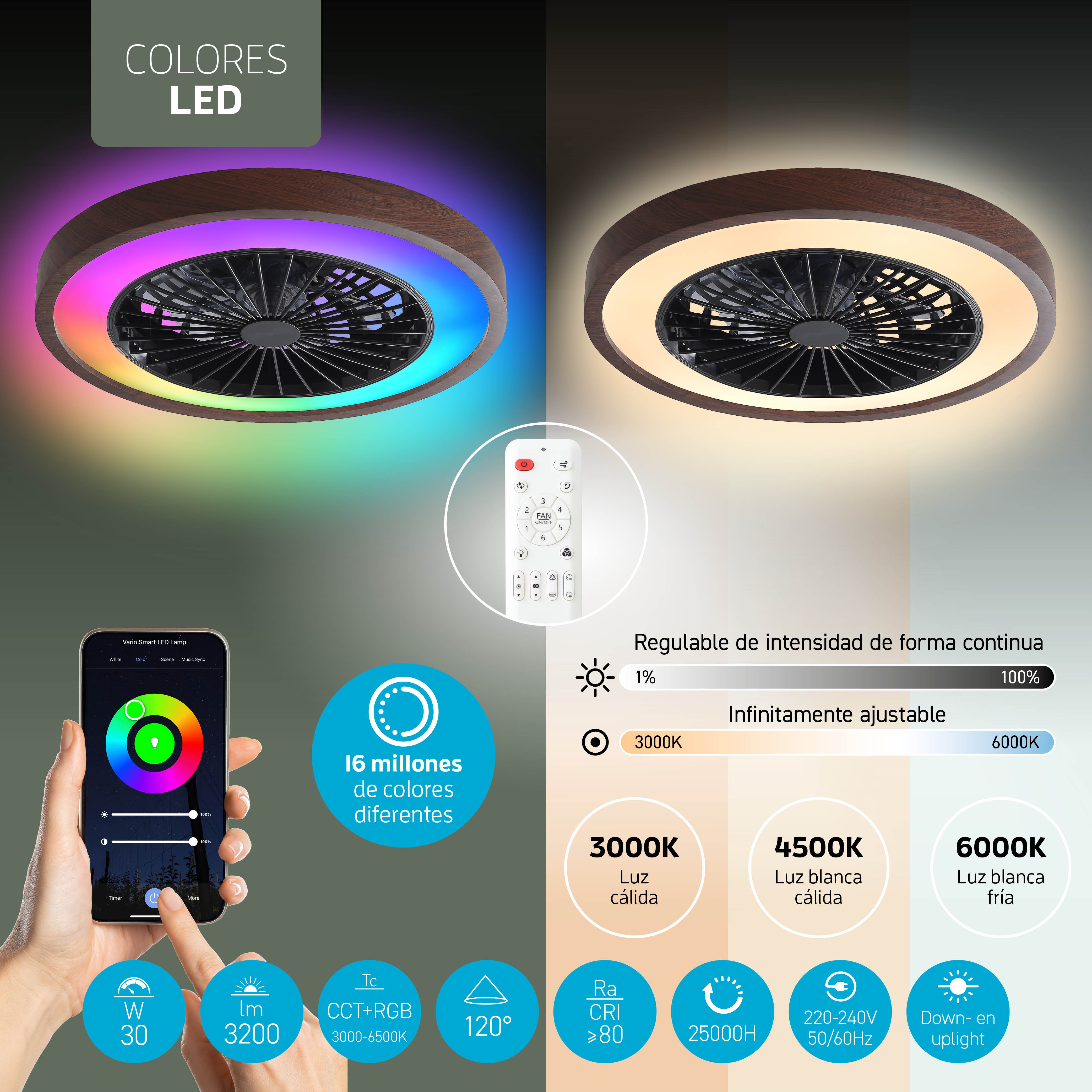 Lámpara de techo LED inteligente Varin con WiFi y ventilador RGBW (CCT) - 50 cm - Tuya - Nogal