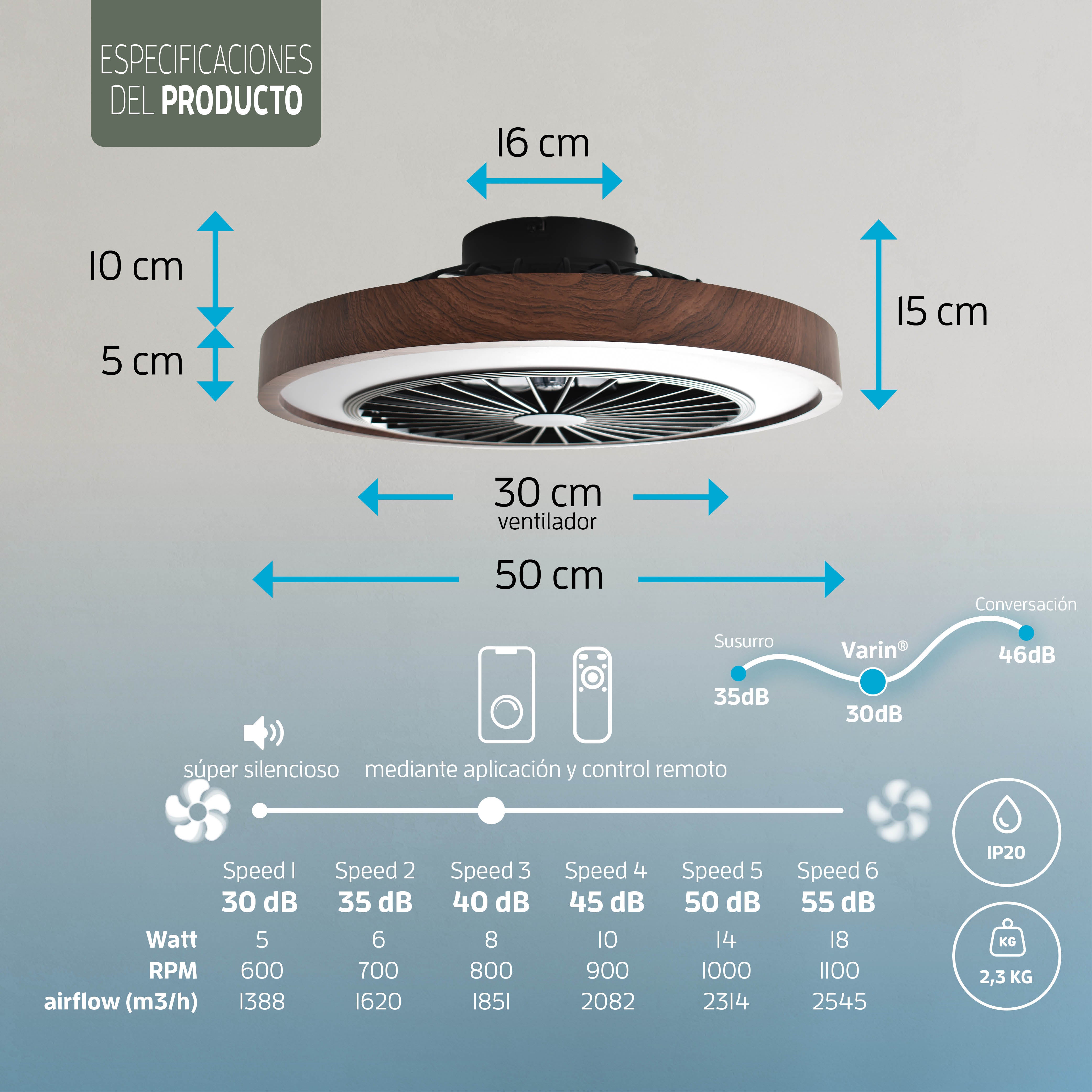 Lámpara de techo LED inteligente Varin con WiFi y ventilador RGBW (CCT) - 50 cm - Tuya - Nogal