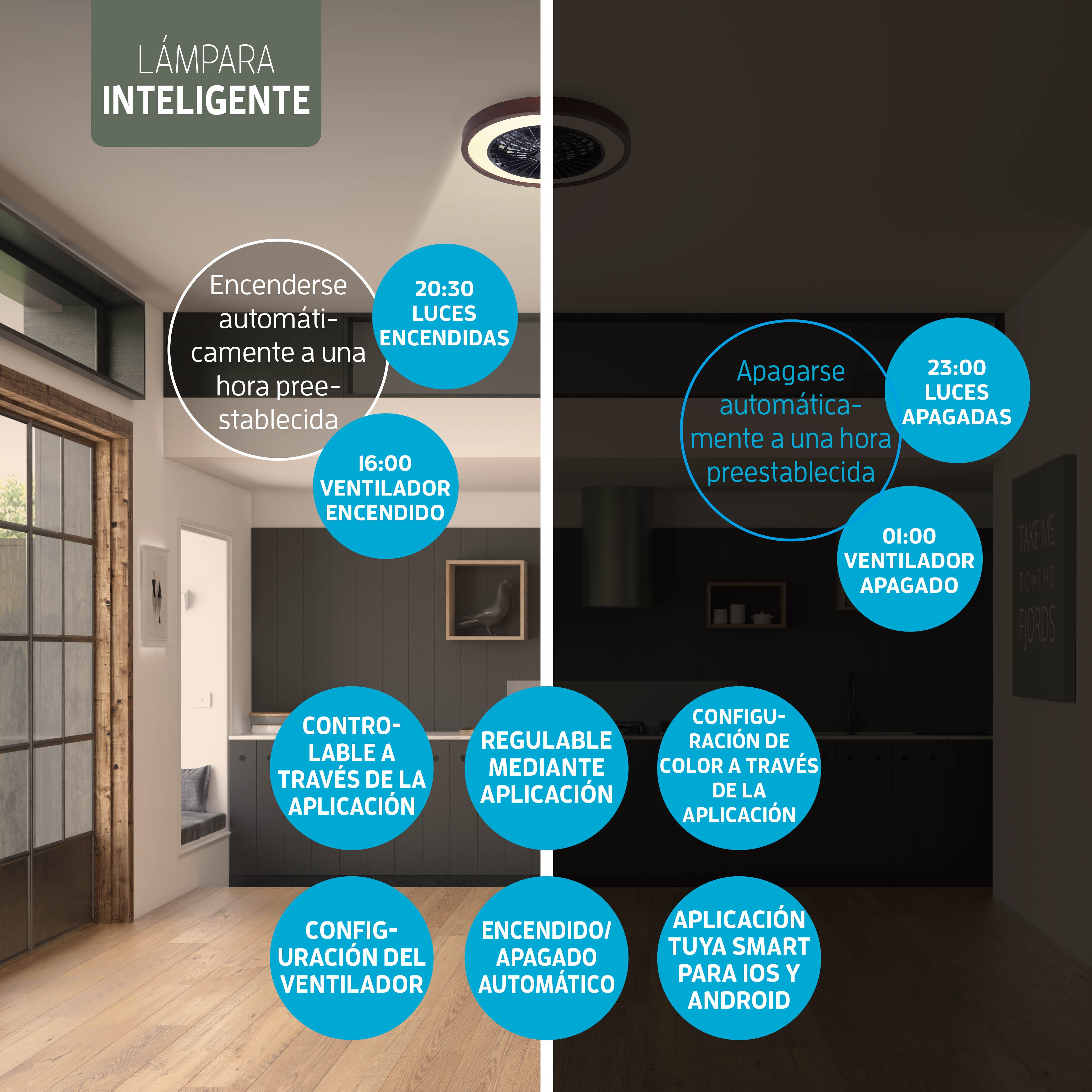 Lámpara de techo LED inteligente Varin con WiFi y ventilador RGBW (CCT) - 50 cm - Tuya - Nogal