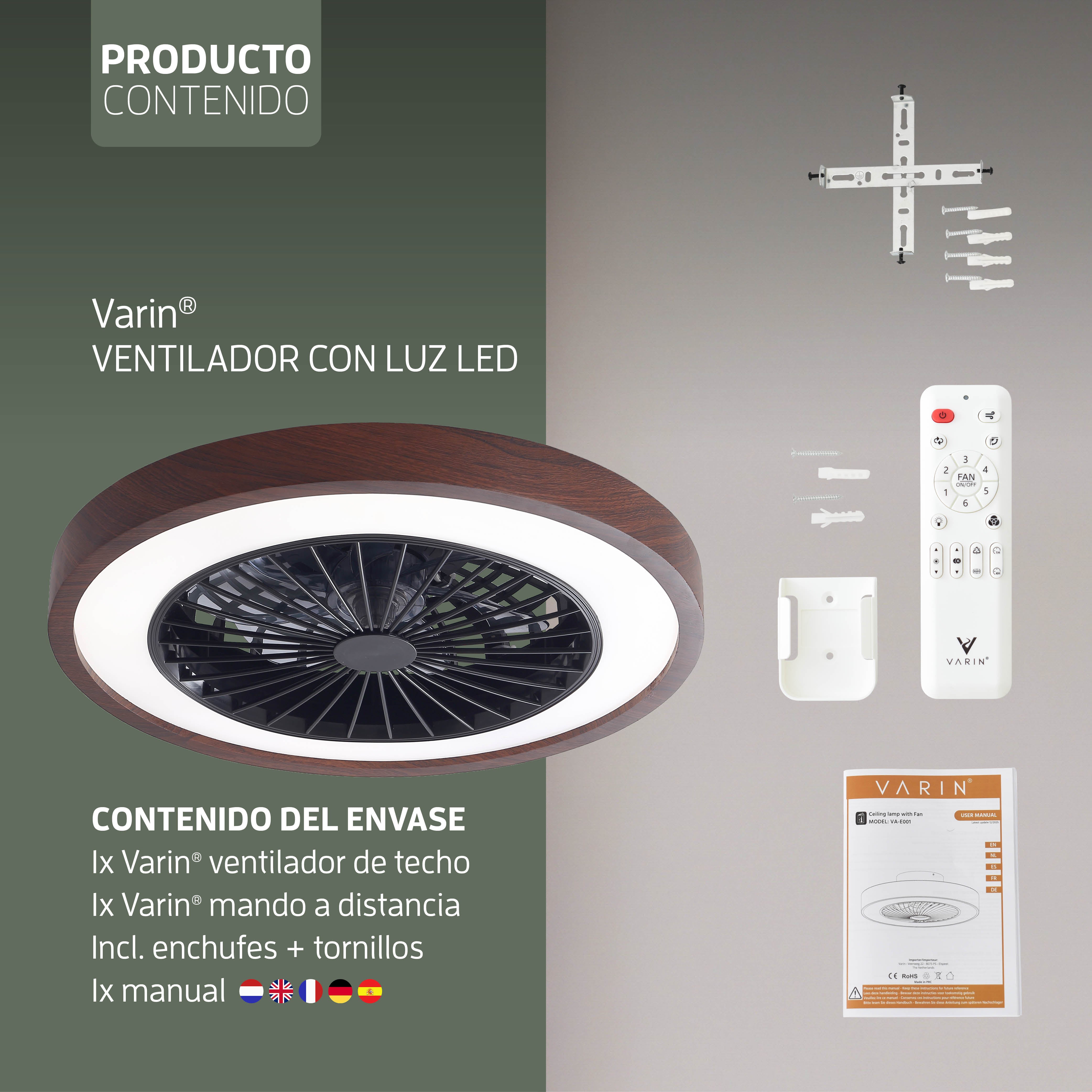 Lámpara de techo LED inteligente Varin con WiFi y ventilador RGBW (CCT) - 50 cm - Tuya - Nogal