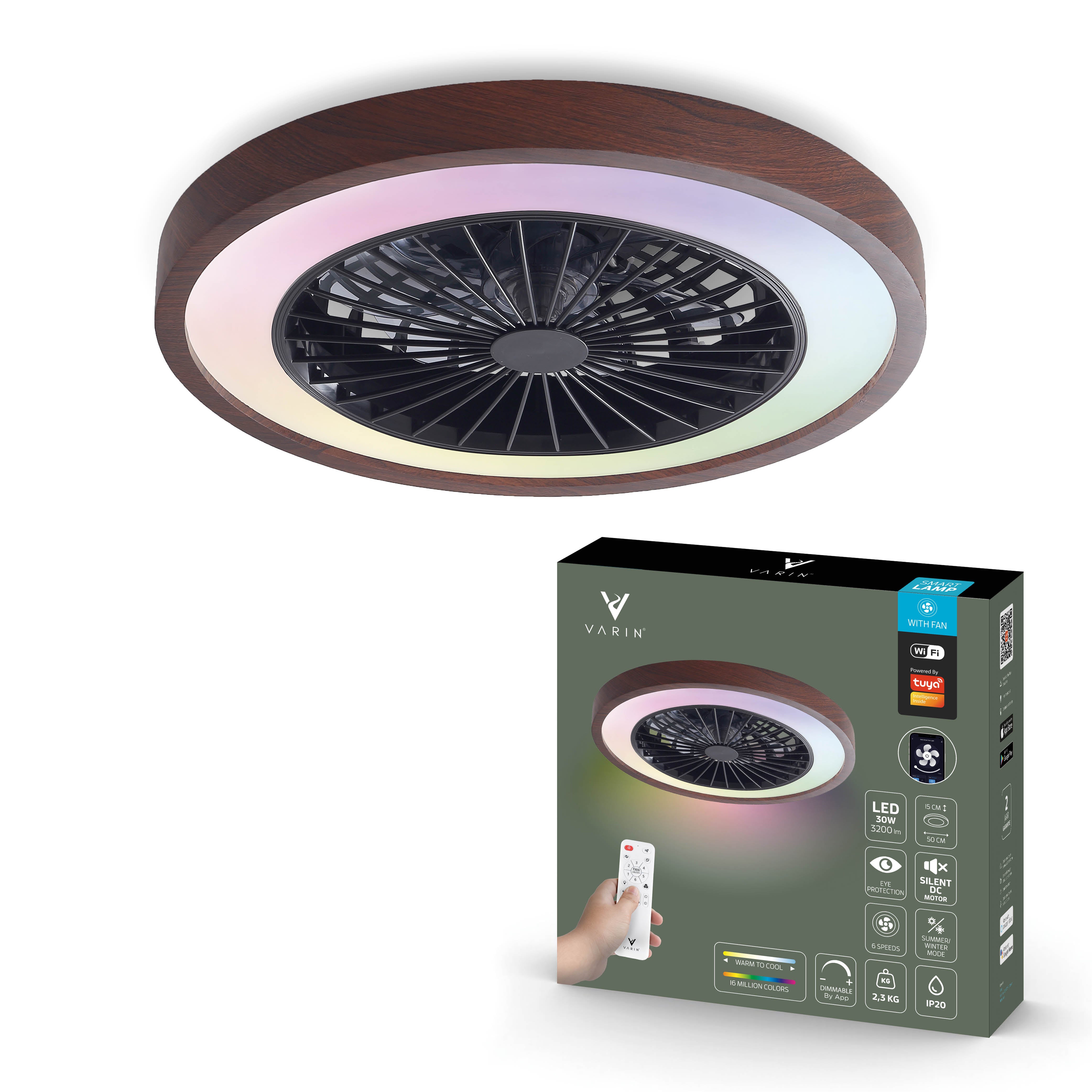 Lámpara de techo LED inteligente Varin con WiFi y ventilador RGBW (CCT) - 50 cm - Tuya - Nogal