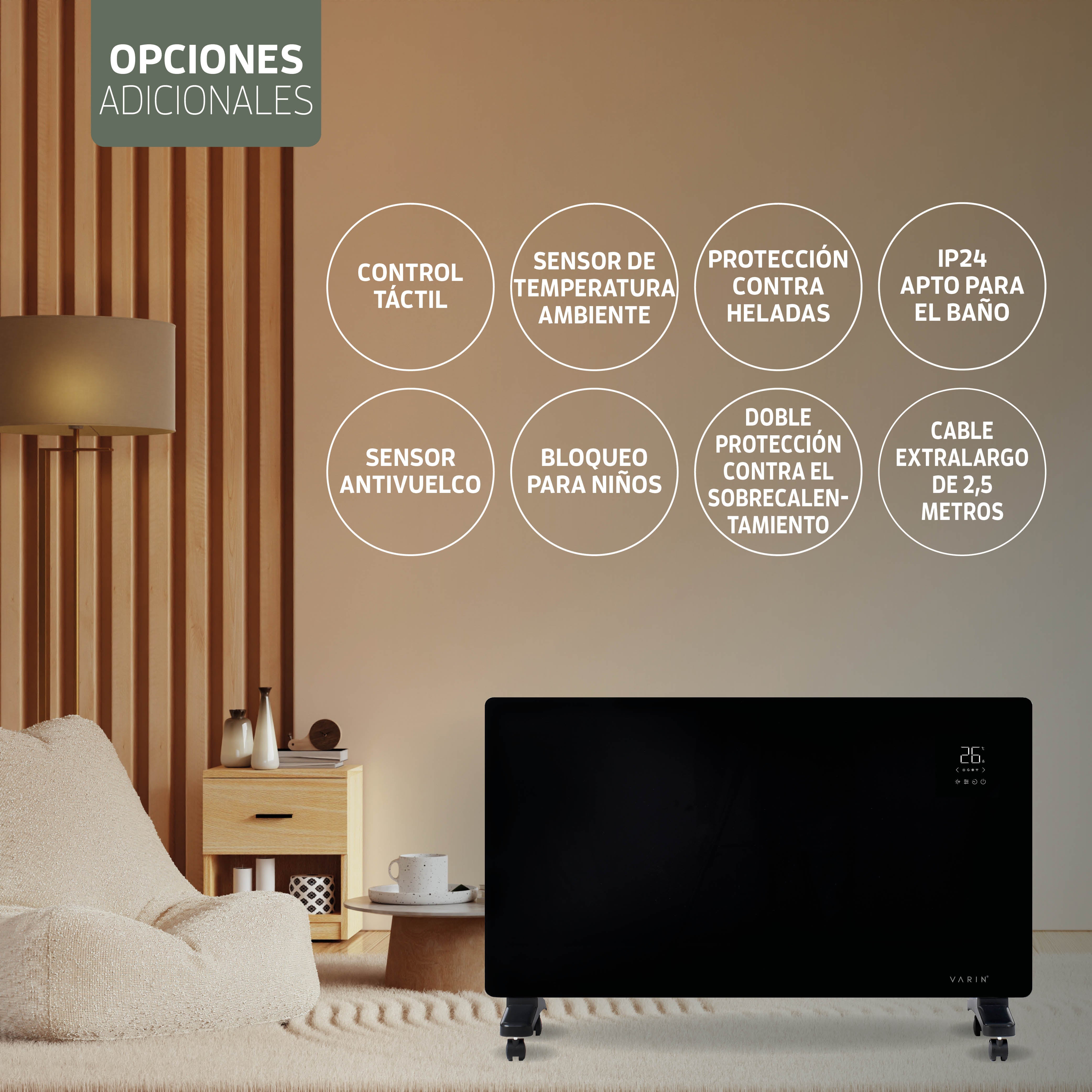 Estufa Calefactor Panel Radiador Eléctrico Wifi Varin® 2000w Negro