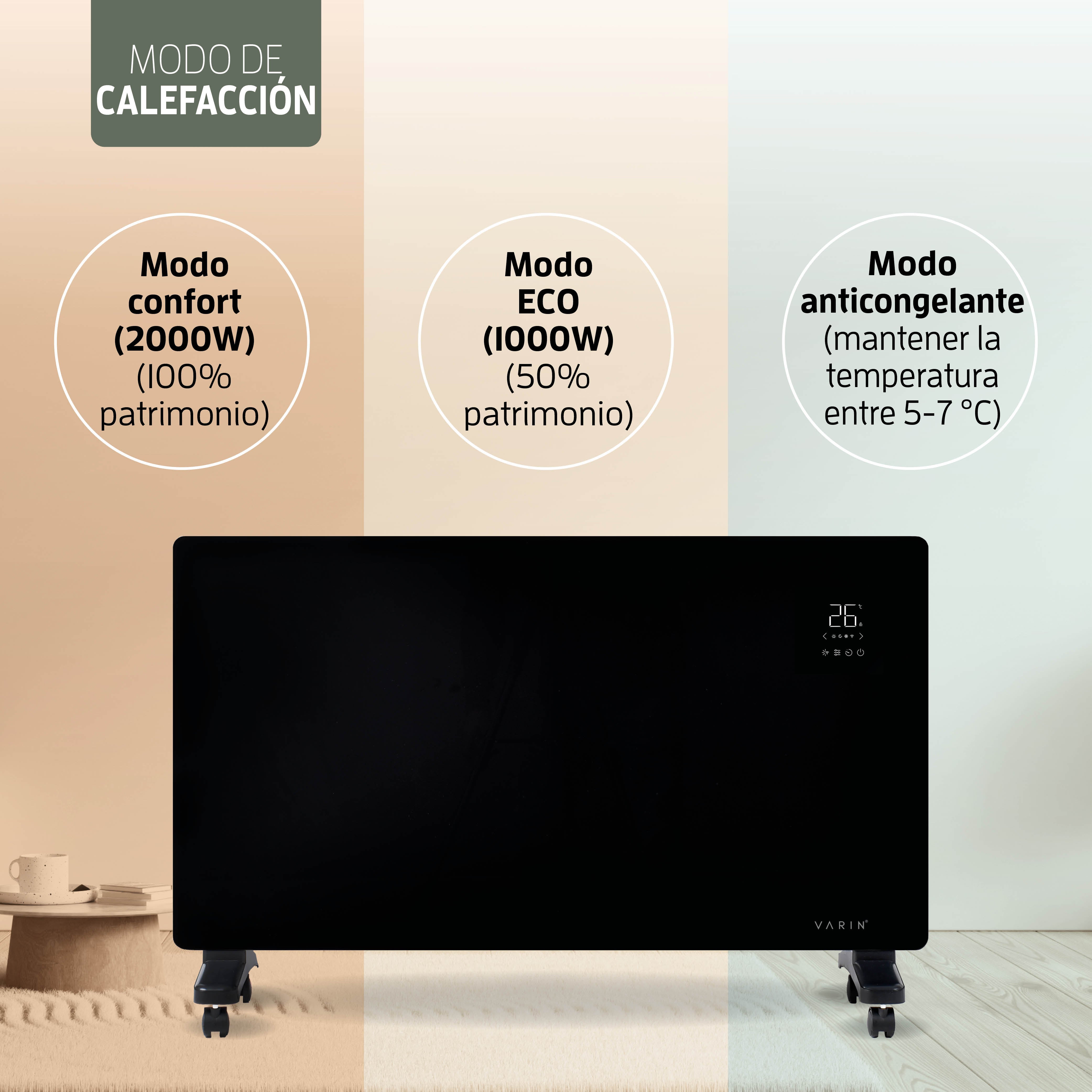Estufa Calefactor Panel Radiador Eléctrico Wifi Varin® 2000w Negro